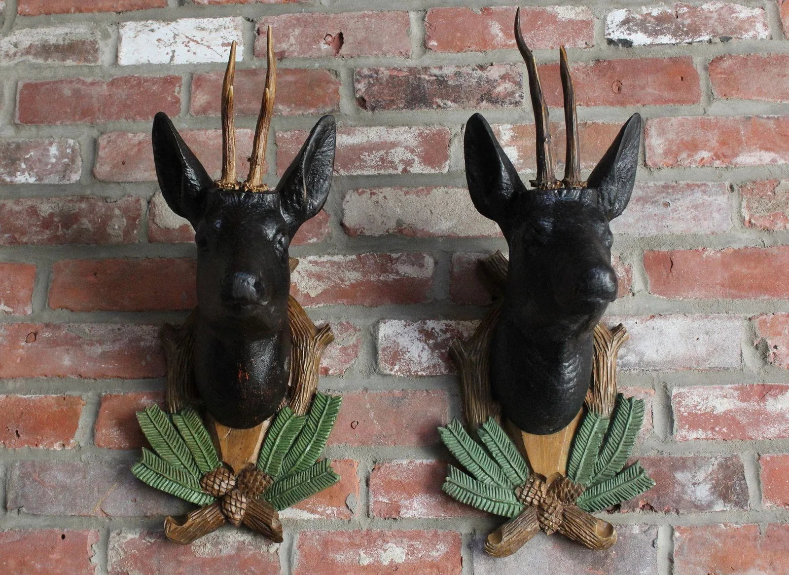 Pair of Vintage German Carved Black Forest Mounted Deer Wall Sculptures - 4