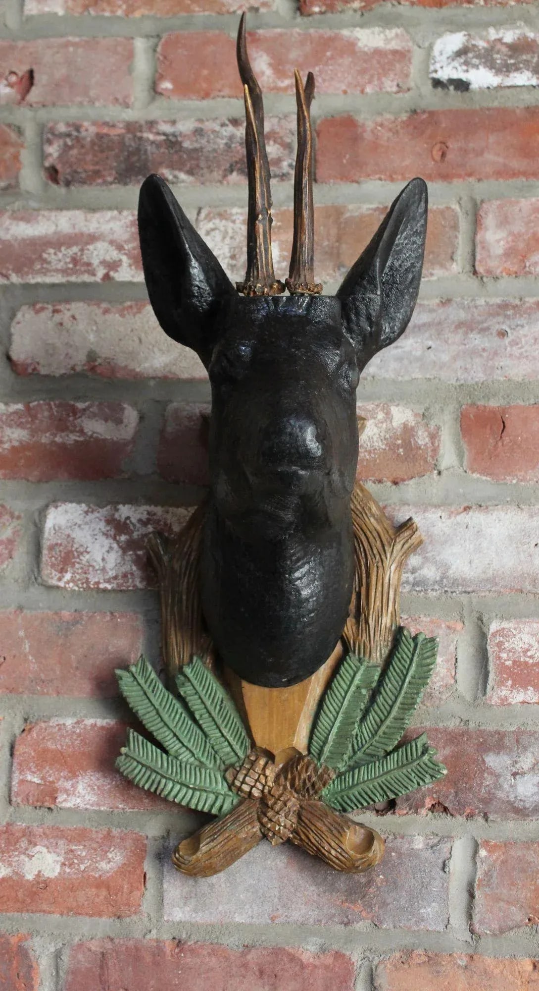 Pair of Vintage German Carved Black Forest Mounted Deer Wall Sculptures - 5