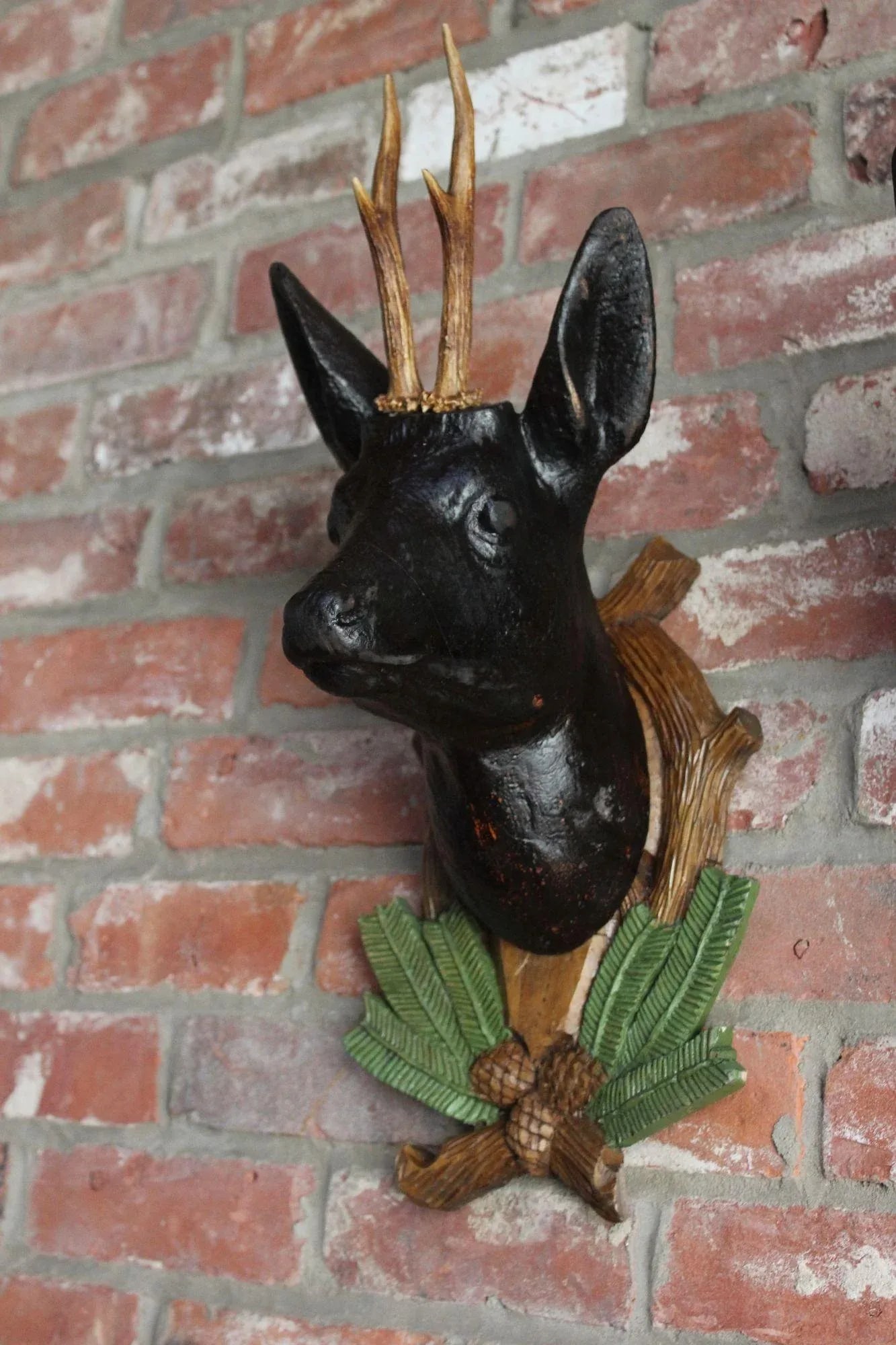 Pair of Vintage German Carved Black Forest Mounted Deer Wall Sculptures - 7