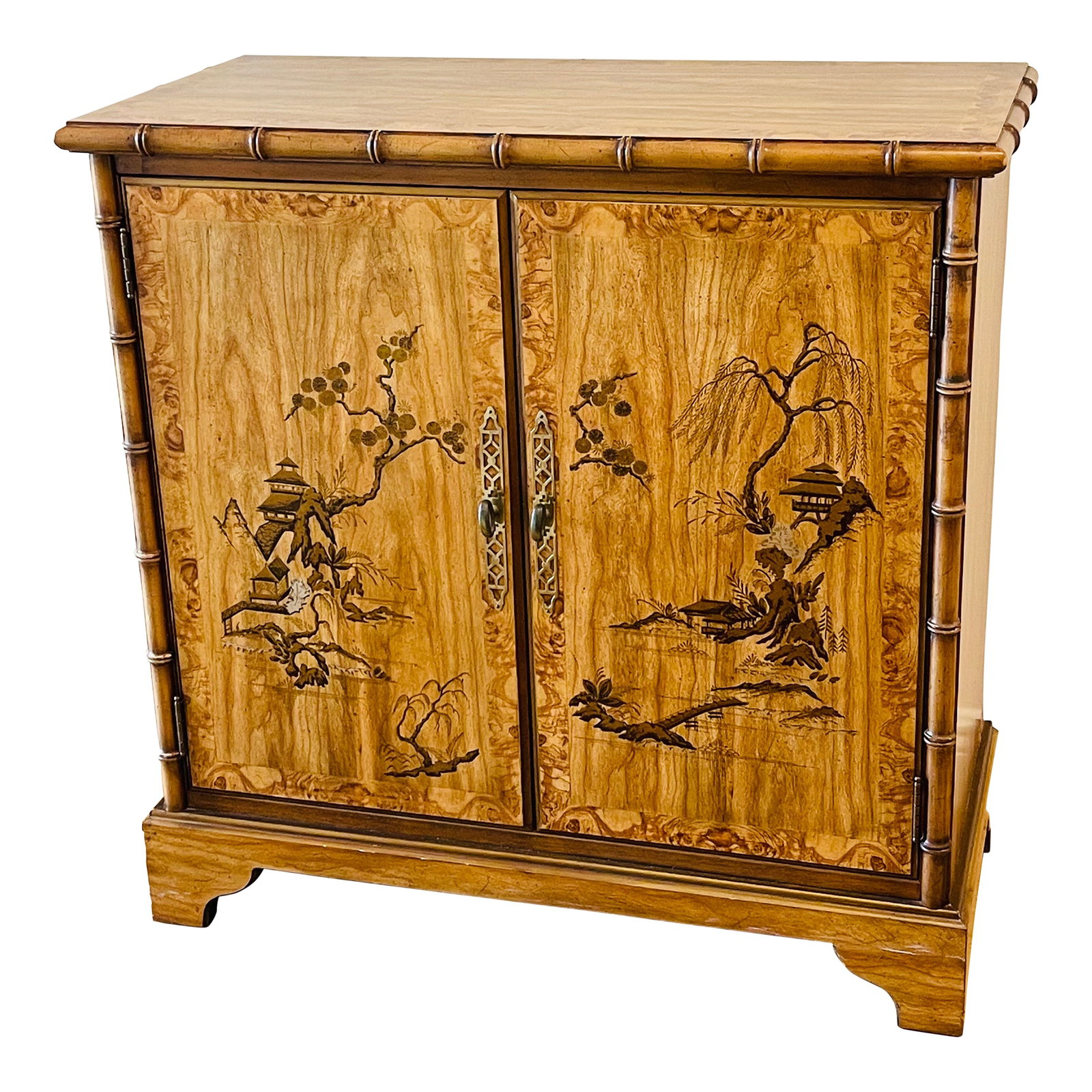 Fabulous 1970s Drexel Heritage Faux Bamboo Chinoiserie Chest: 20 th c Drexel wood faux bamboo Chinoiserie style with picturesque inlay on both sides sides, commode. Beautiful wood, great inlay. Like perfect condition. Gold bronze wash on bamboo accents. Conditio