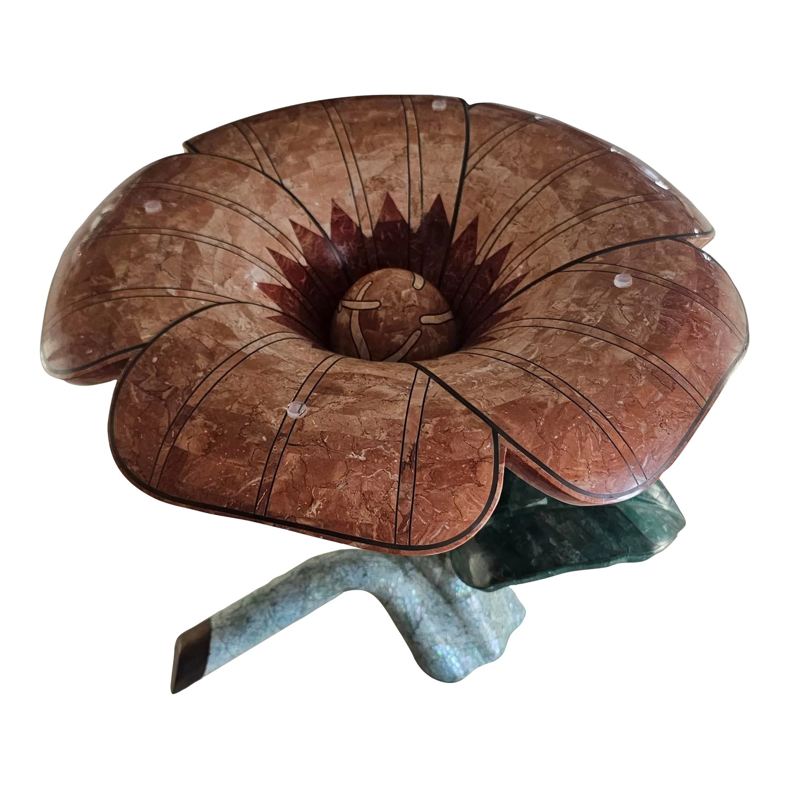 1990s Maitland Smith Tessellated Stone Flower Side Table: This very unique sculptural tessellated stone side accent table is attributed to Maitland Smith, designed in the shape of a large flower. The intricate inlaid stone pattern showcases earthy tone with 