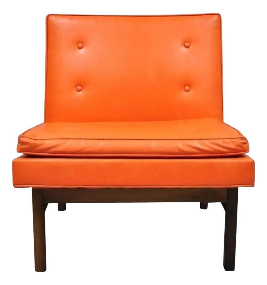 Mid 20th Century Milo Baughman Thayer Coggin Mid Century Modern Orange Teak & Vinyl Lounge Chair: Vintage Milo Baughman for Thayer Coggin Mid Century Modern Orange Teak & Vinyl Slipper Lounge Chair. Item features a solid wood frame, beautiful wood grain, original label, clean modernist lines,