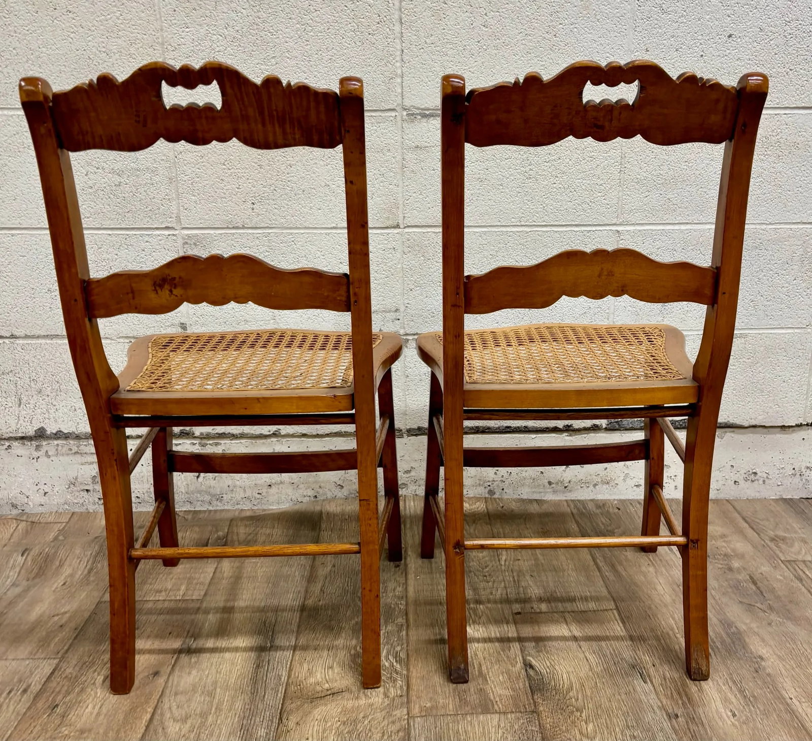 Antique Carved Walnut Ladderback Cane Seat Carved Dining Chairs - Pair - 10