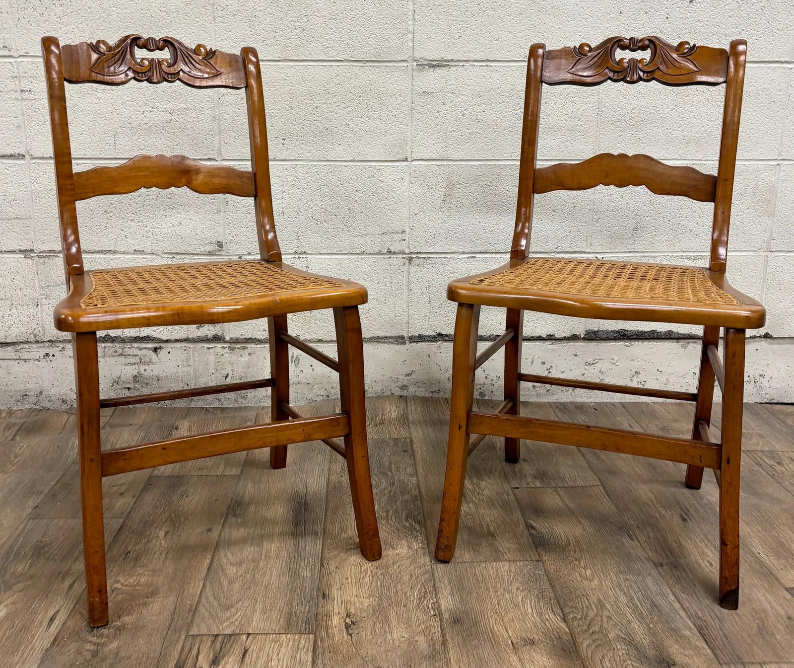 Antique Carved Walnut Ladderback Cane Seat Carved Dining Chairs - Pair - 2