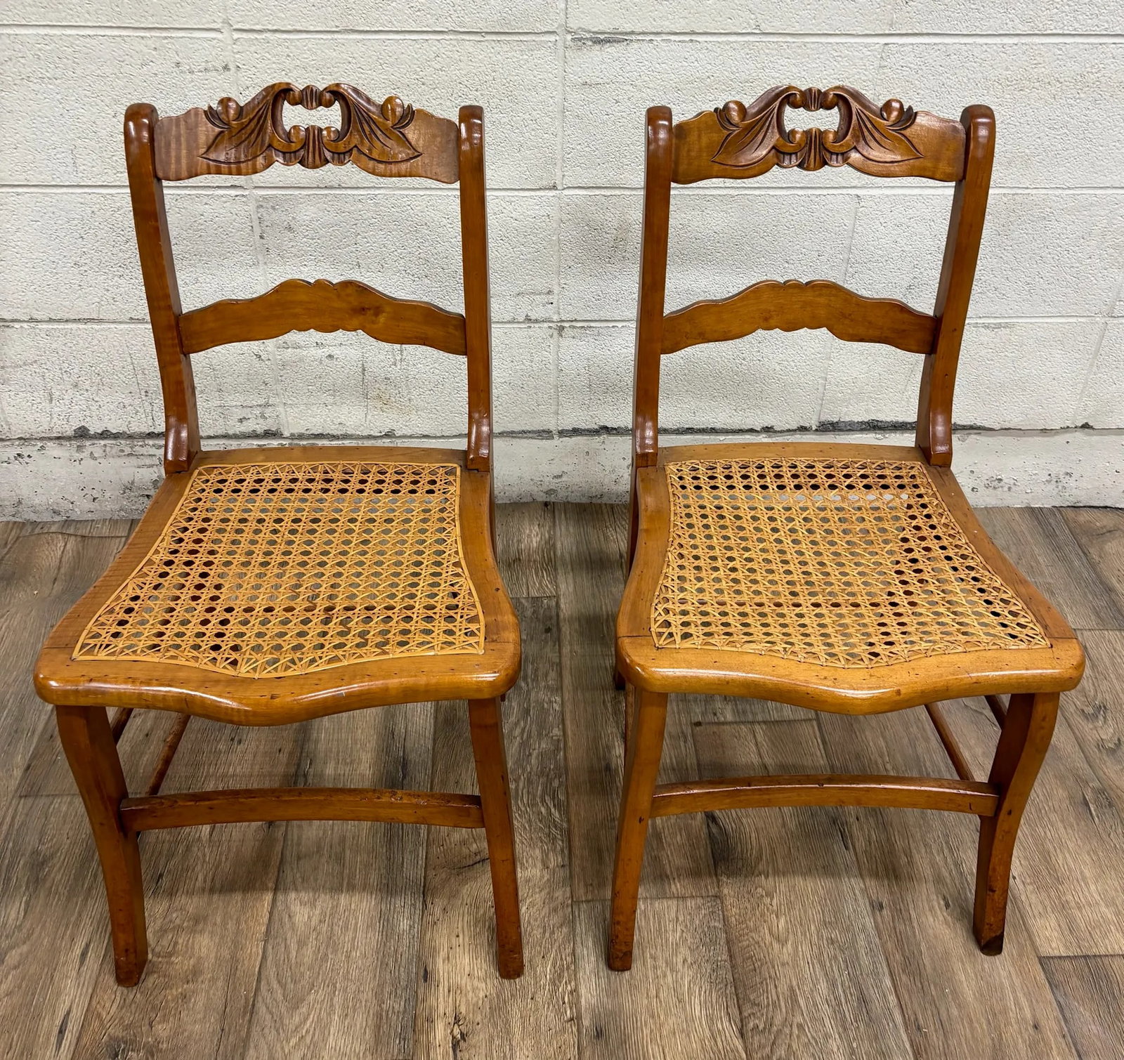 Antique Carved Walnut Ladderback Cane Seat Carved Dining Chairs - Pair - 3