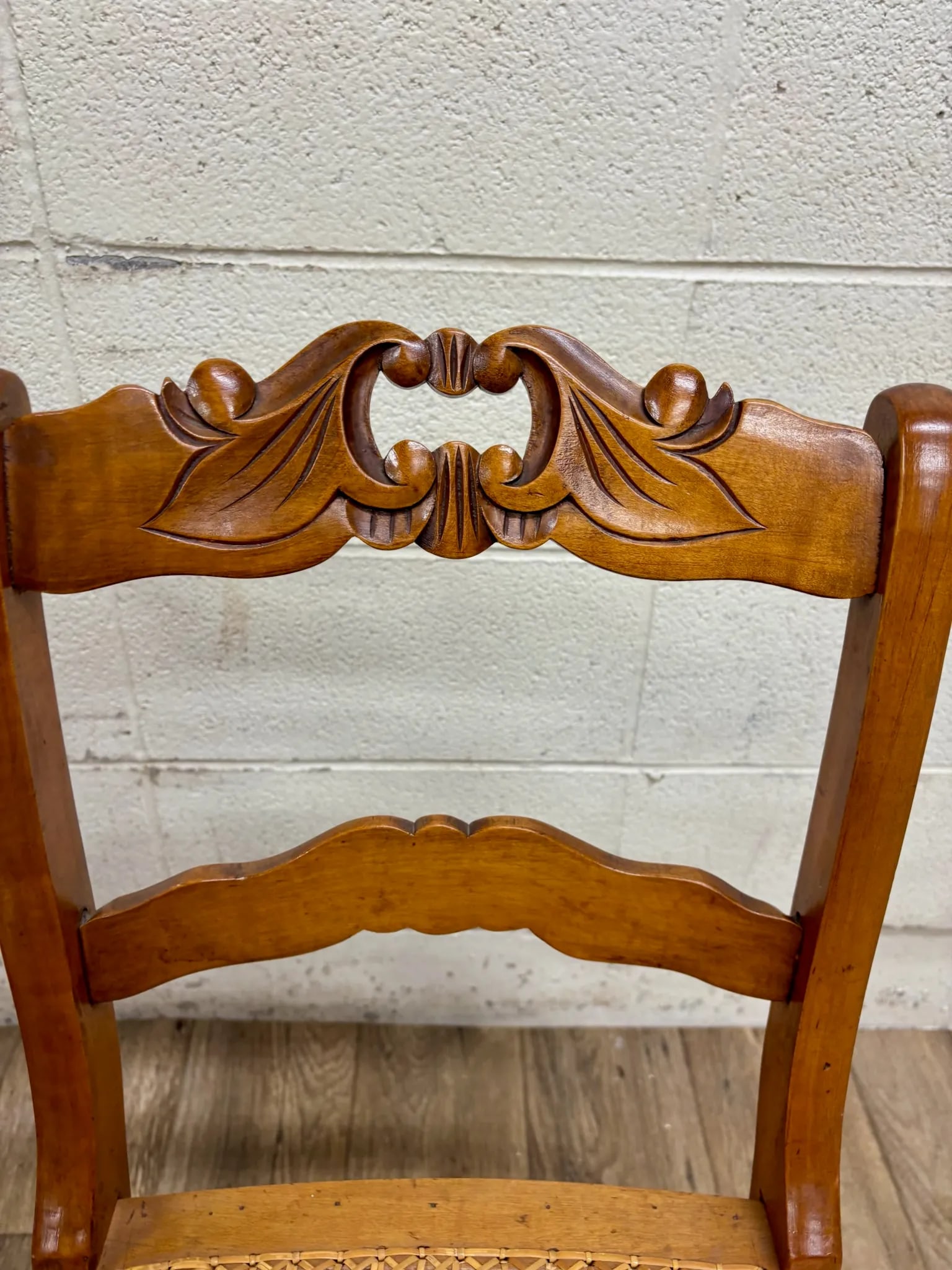 Antique Carved Walnut Ladderback Cane Seat Carved Dining Chairs - Pair - 4