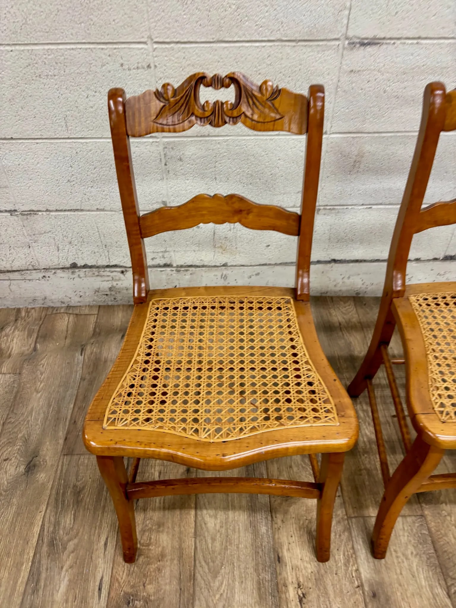 Antique Carved Walnut Ladderback Cane Seat Carved Dining Chairs - Pair - 6