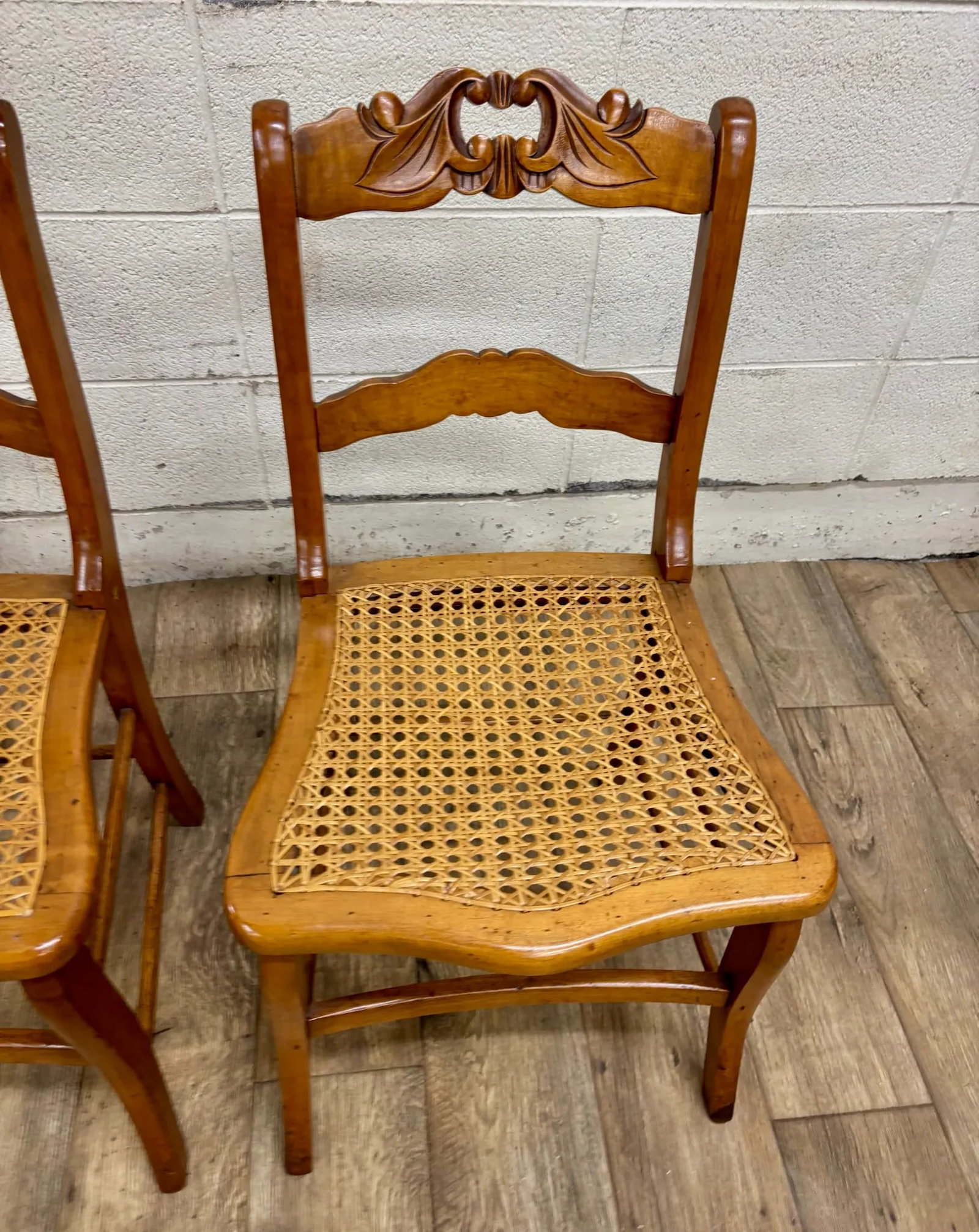 Antique Carved Walnut Ladderback Cane Seat Carved Dining Chairs - Pair - 7