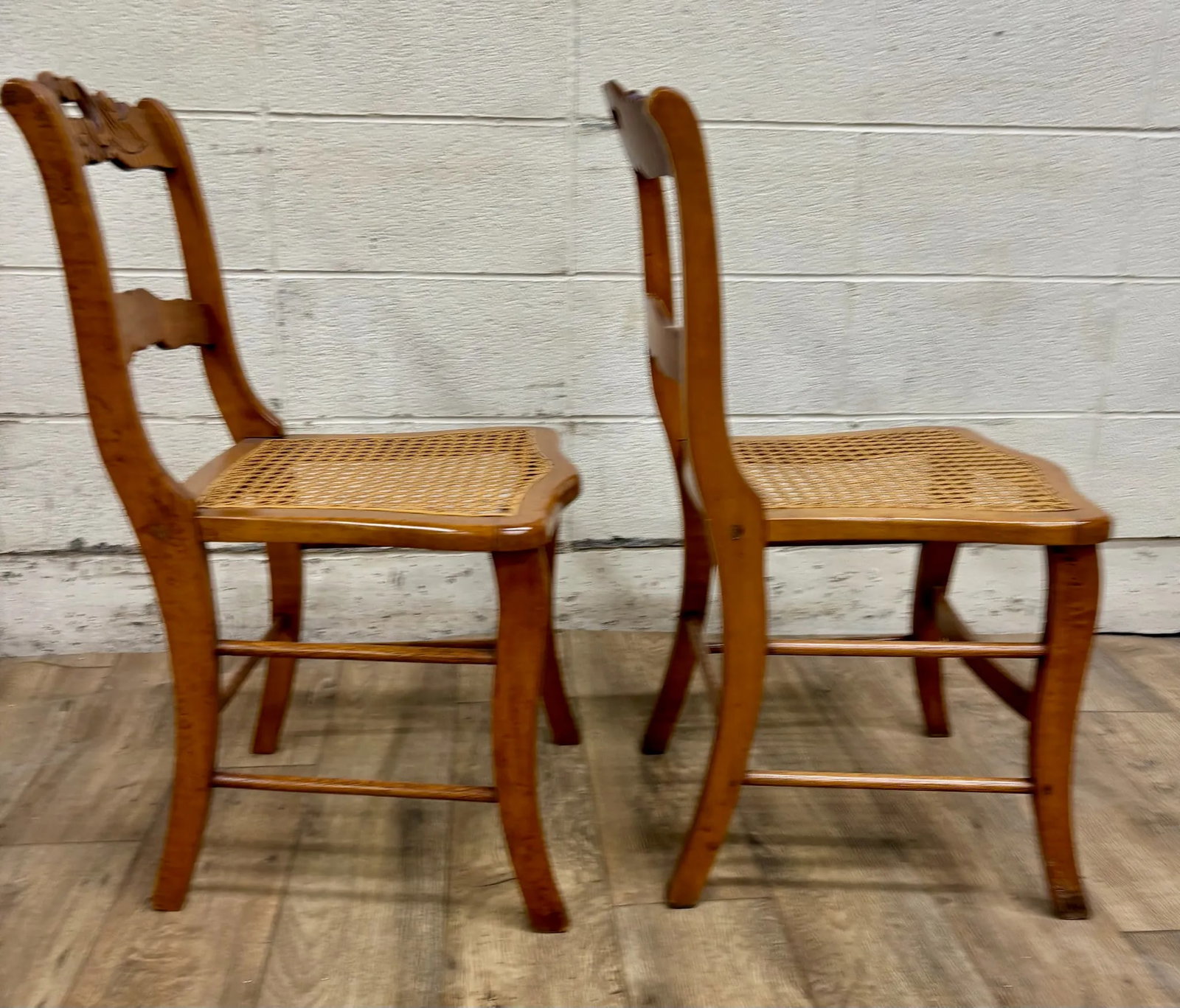 Antique Carved Walnut Ladderback Cane Seat Carved Dining Chairs - Pair - 8