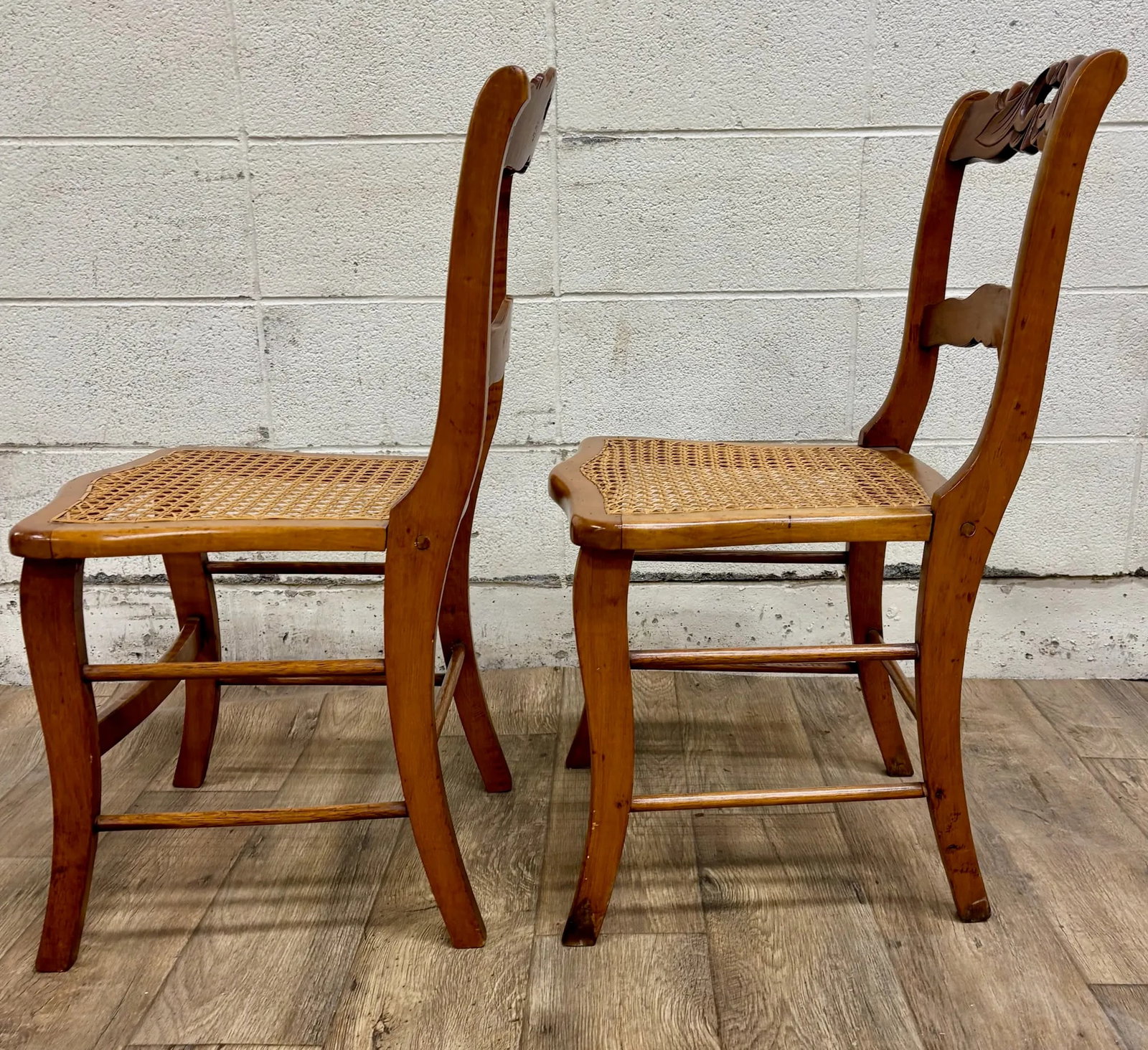 Antique Carved Walnut Ladderback Cane Seat Carved Dining Chairs - Pair - 9