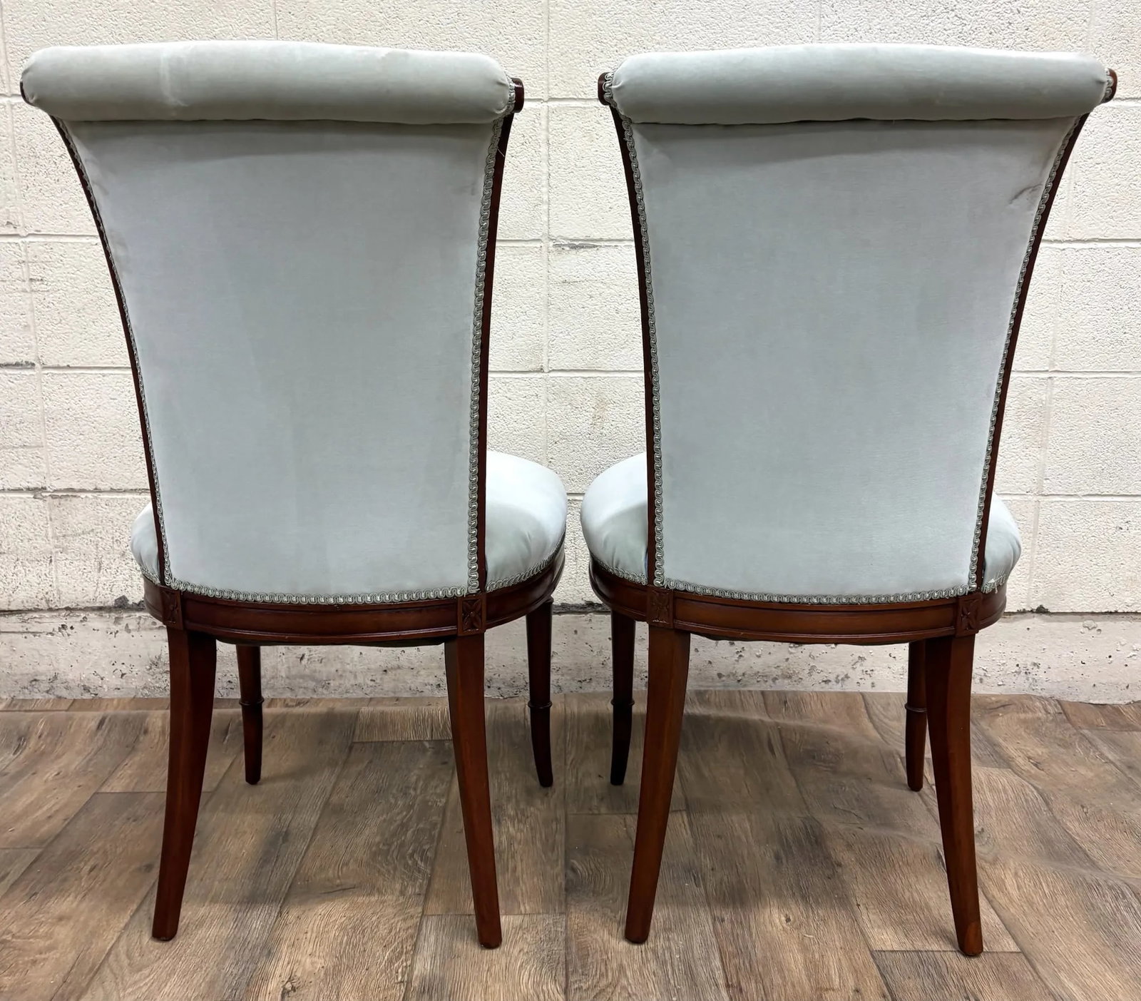 Antique French Louis XVI Style Blue Velvet Upholstered Dining Chairs - 12