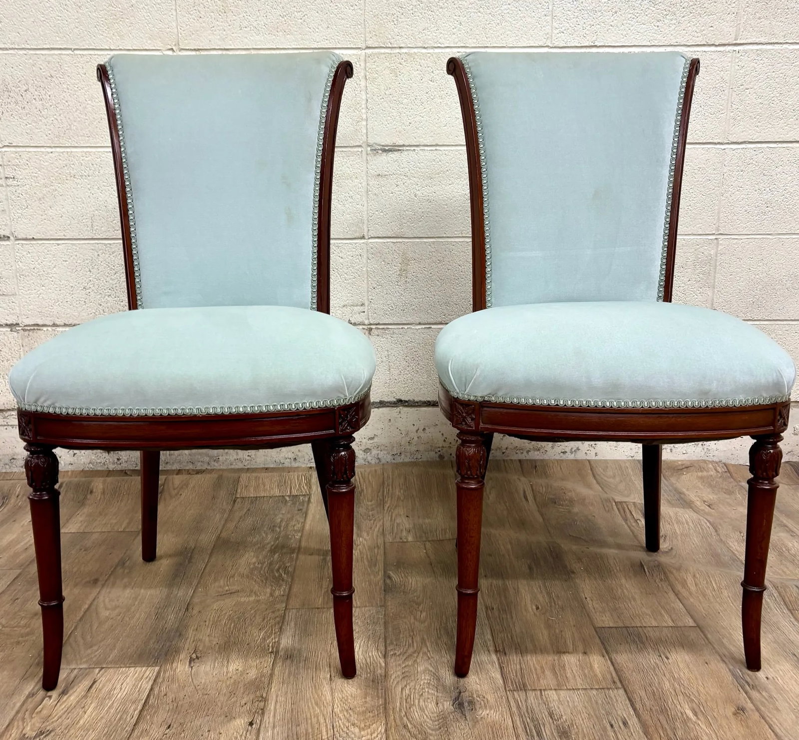 Antique French Louis XVI Style Blue Velvet Upholstered Dining Chairs - 2