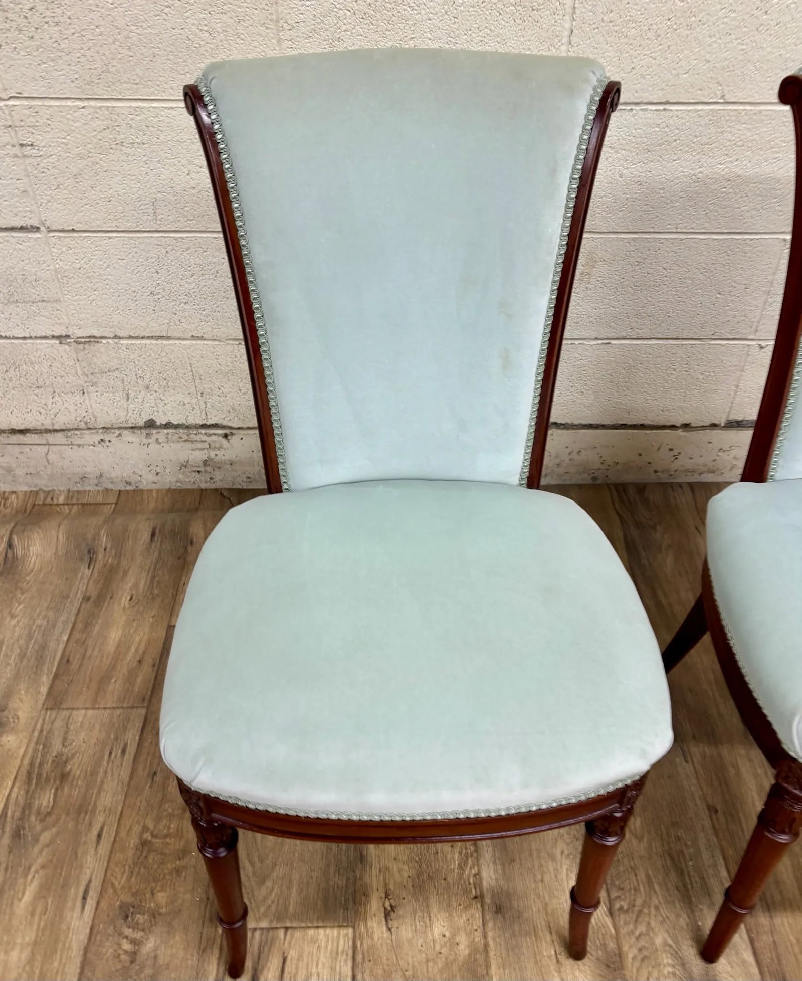 Antique French Louis XVI Style Blue Velvet Upholstered Dining Chairs - 3