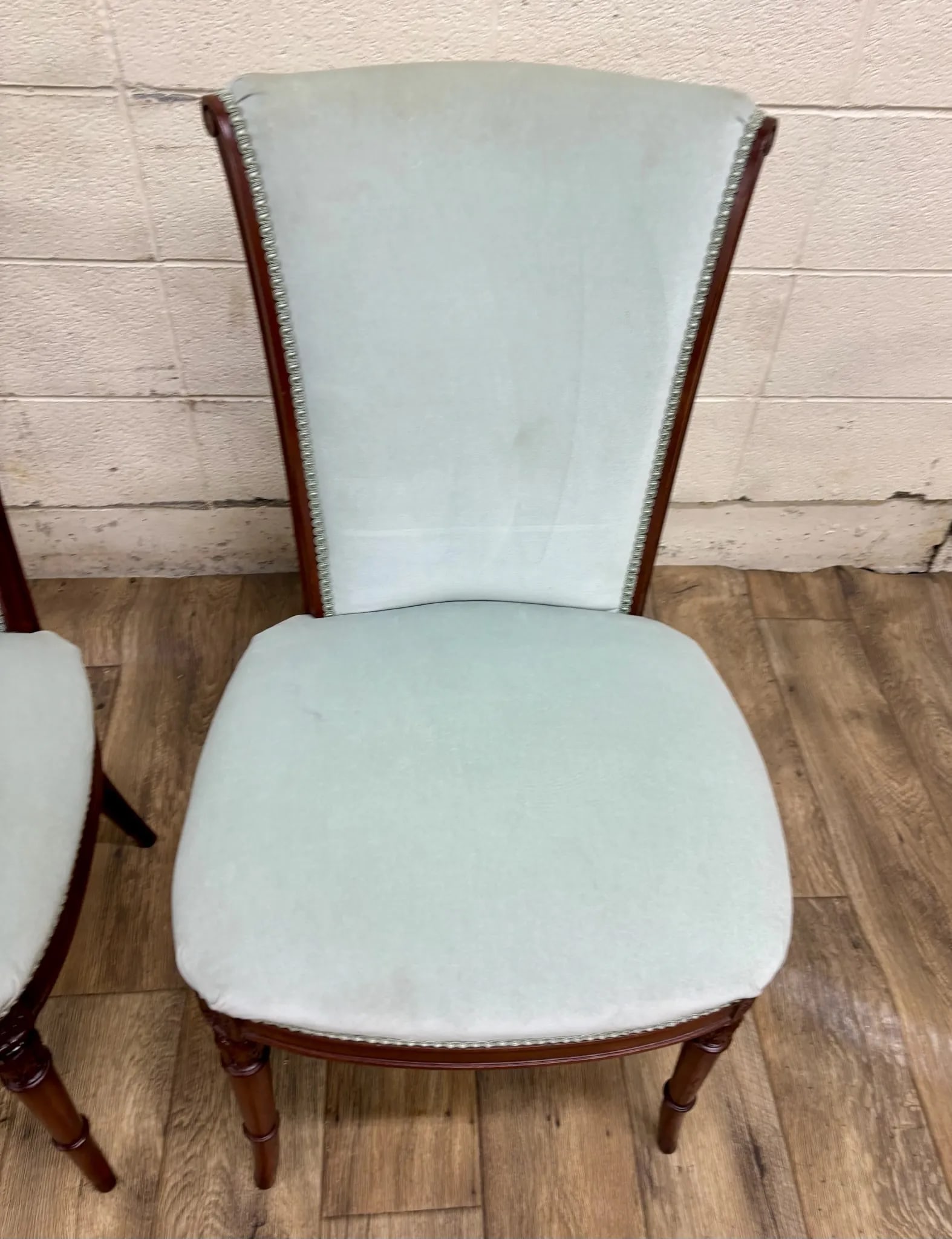 Antique French Louis XVI Style Blue Velvet Upholstered Dining Chairs - 4