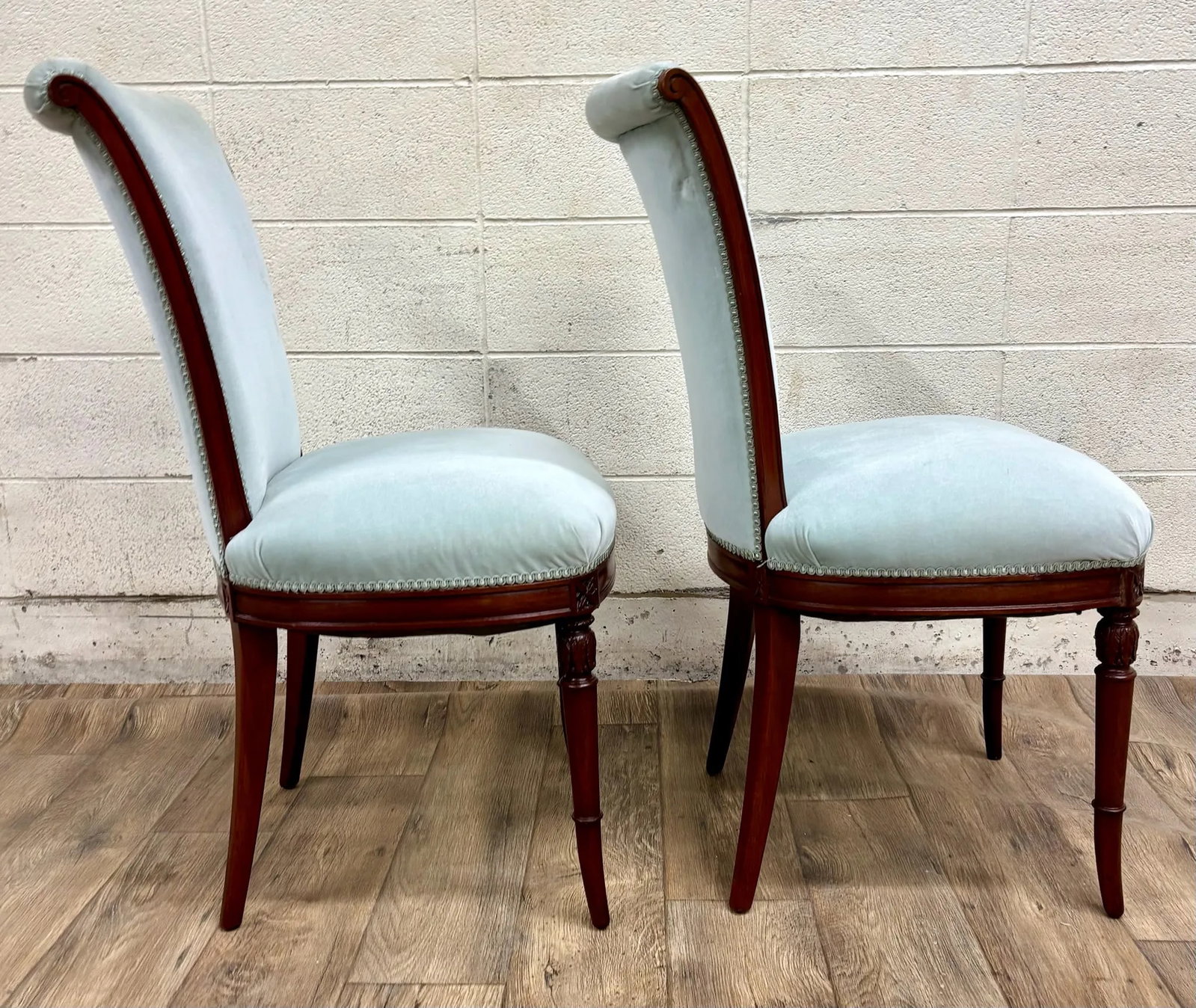 Antique French Louis XVI Style Blue Velvet Upholstered Dining Chairs - 8