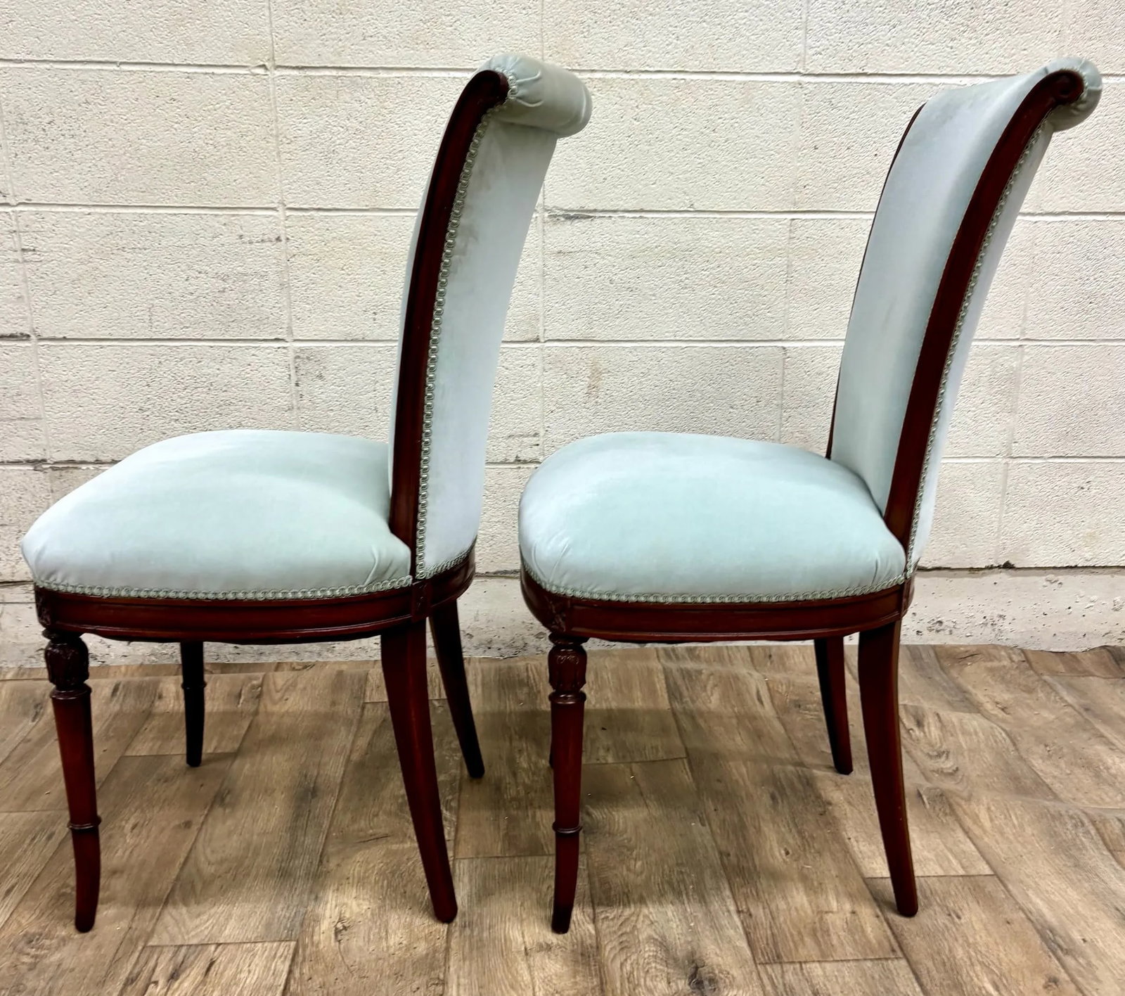 Antique French Louis XVI Style Blue Velvet Upholstered Dining Chairs - 9