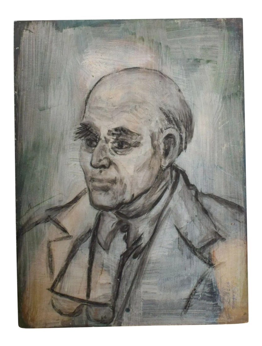 Danish Oil Portrait Midcentury Art Distinguished Gentleman 1970s: AMBIANIC presents Danish Oil Portrait Mid Century Art: Distinguished Gentleman signed E. Hansen- unable to read completely. Dimensions: 18 W x 24 Original unrestored vintage condition. See images.