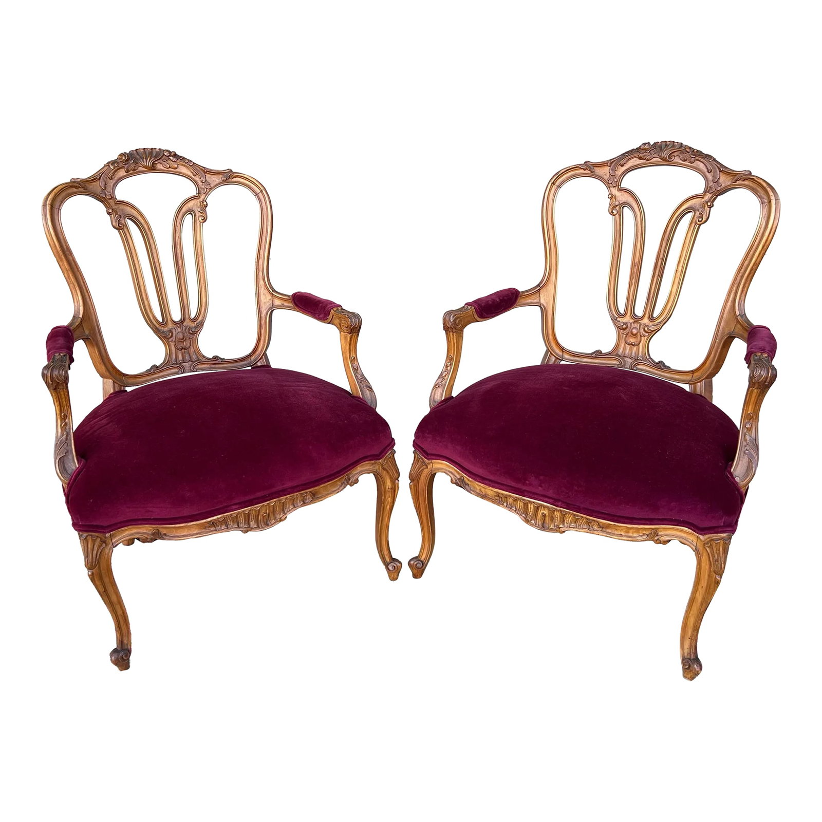 Pair of French Louis XV Style Carved Fruitwood Bergere Arm Chairs, 1950's: A Very Nice Pair of French Louis XV Style Carved Fruitwood Bergere Arm Chairs, 1950's Most likely made in France, circa 1940's to 1950's Fruitwood carved frames, pierce carved backs, with upholstered