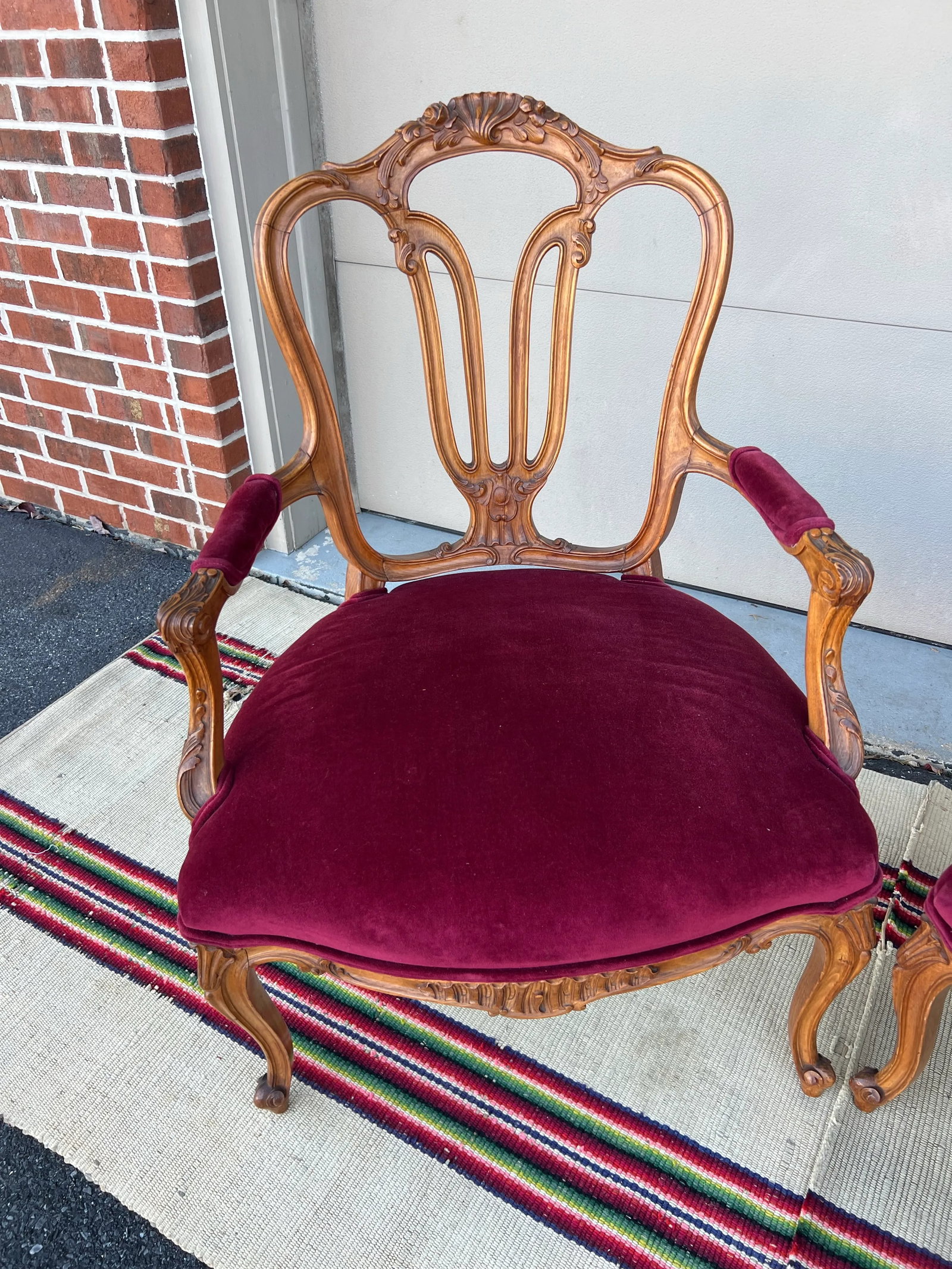 Pair of French Louis XV Style Carved Fruitwood Bergere Arm Chairs, 1950's - 2