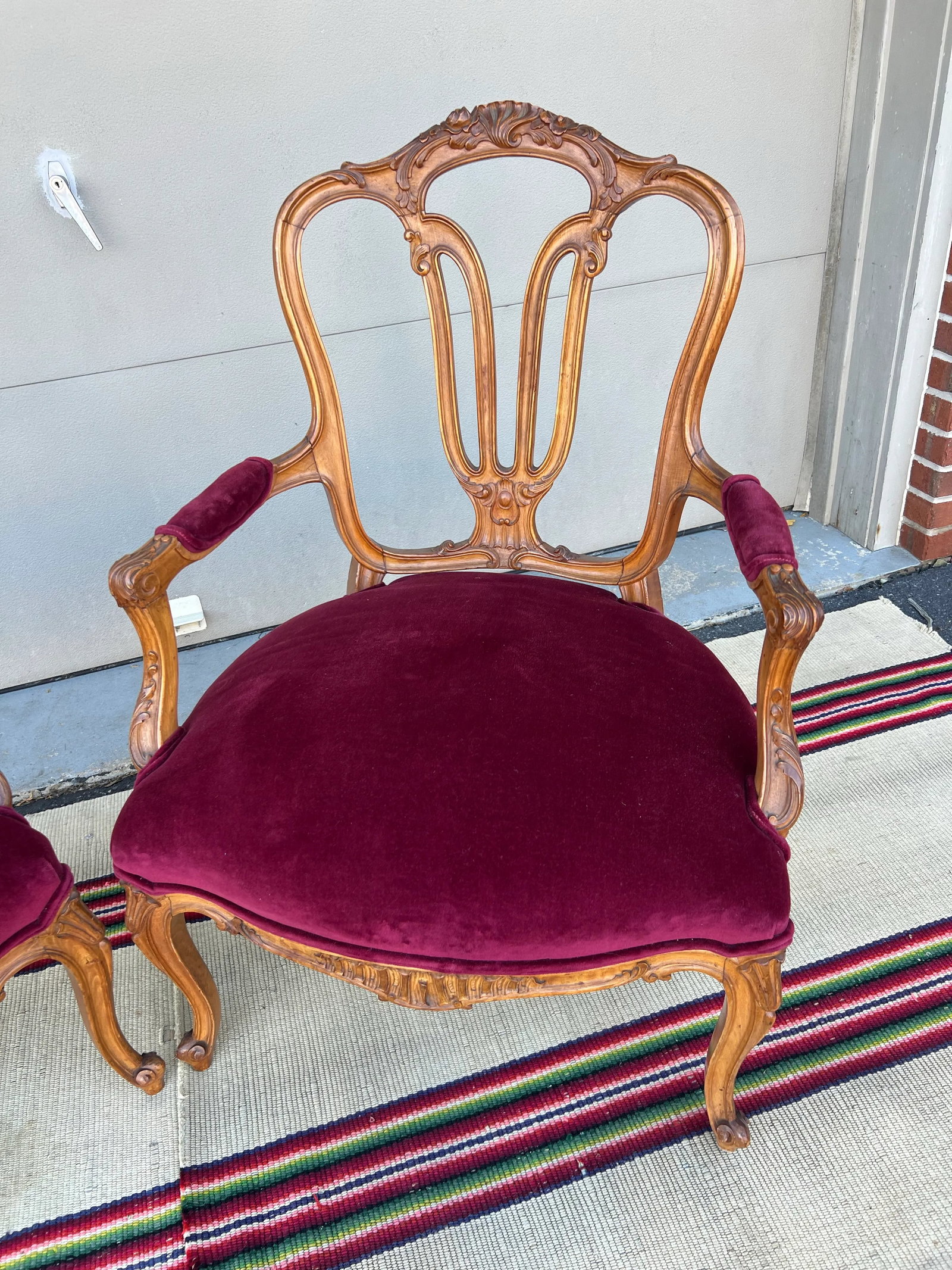 Pair of French Louis XV Style Carved Fruitwood Bergere Arm Chairs, 1950's - 3