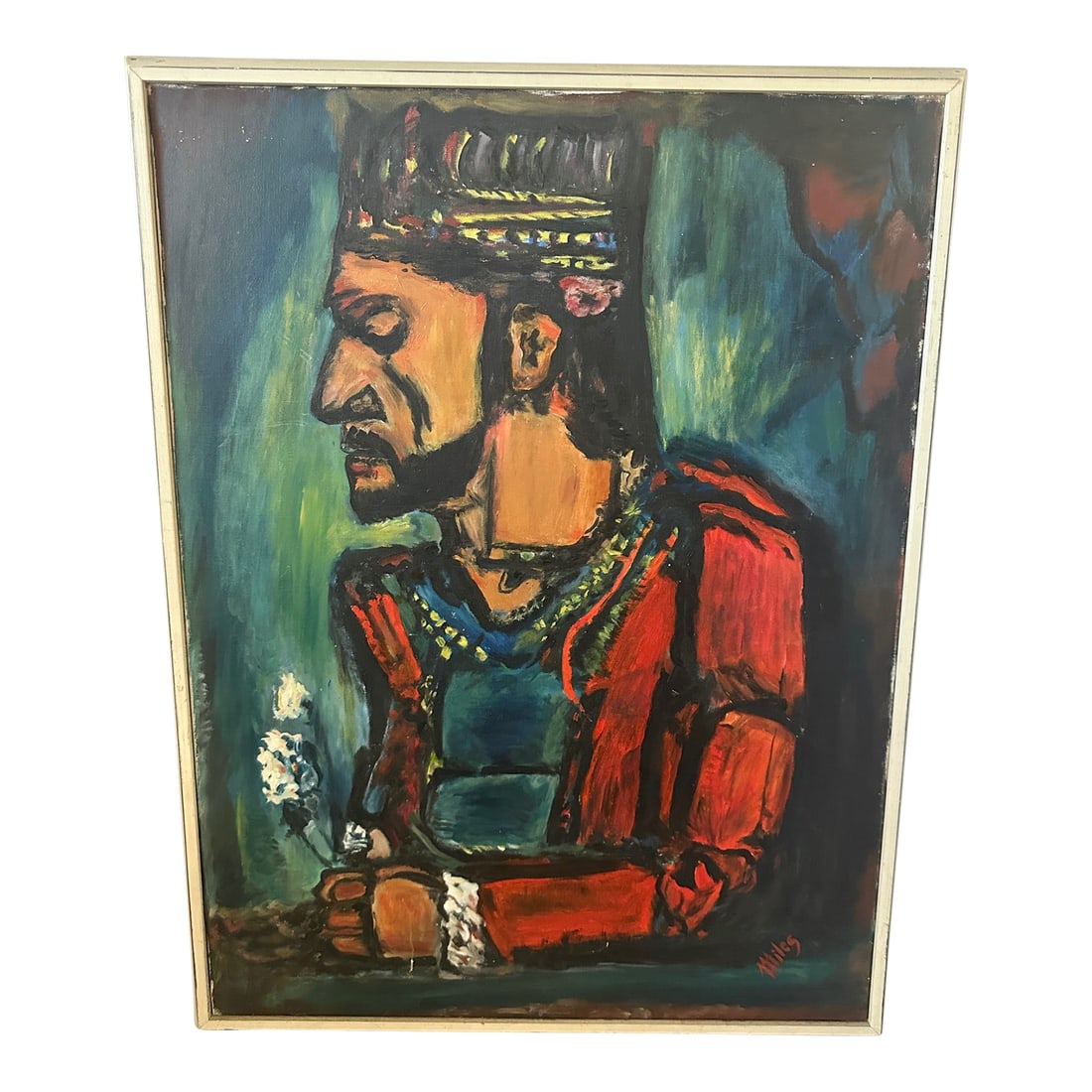 French Oil Painting "The Old King": This French acrylic paint on canvas in original frame, is a reproduction of a famous painting by Georges Rouault., whose work melded Fauvism and Expressionism with its jewel-like tones and bold
