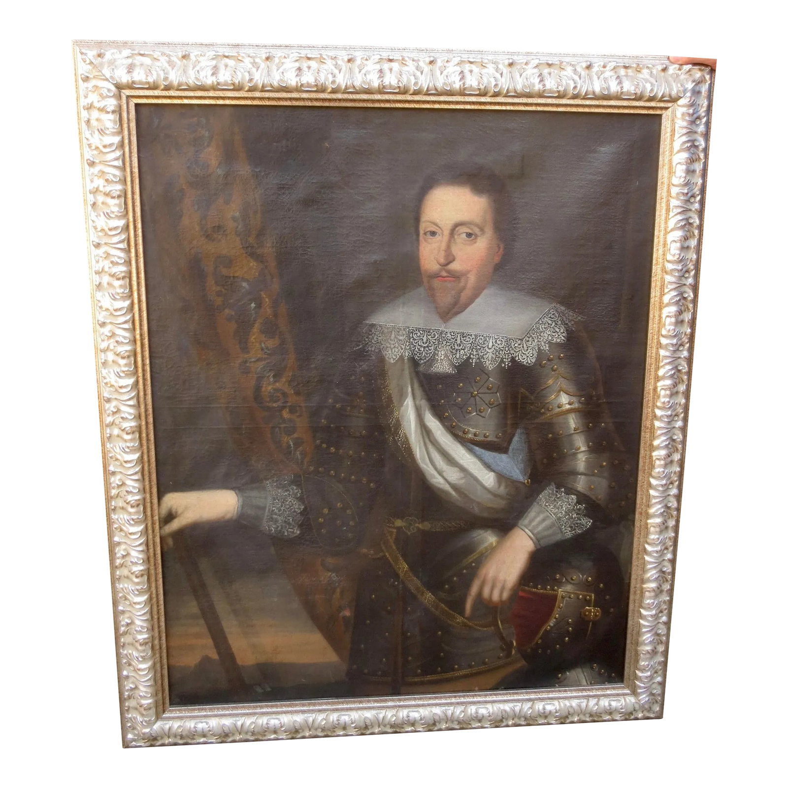 17th Century Cavalier Portrait.: Antique and very classic Noble portrait (cavalier) of a high-ranking noble of European origin. Approximately painted in the late 1600s- mid-1700s. All the insignia of status, armor, fine lace,