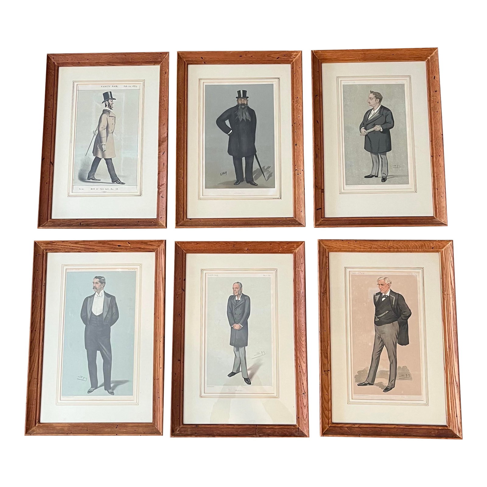 Late 19th Century British Society Magazine Vanity Fair Framed Chromolithograph Caricature Portraits: Set of 6 framed chromolithograph caricature portraits published by the British society weekly magazine Vanity Fair (1868-1914). Vanity Fair showcased satirical caricatures of notable figures of the ti