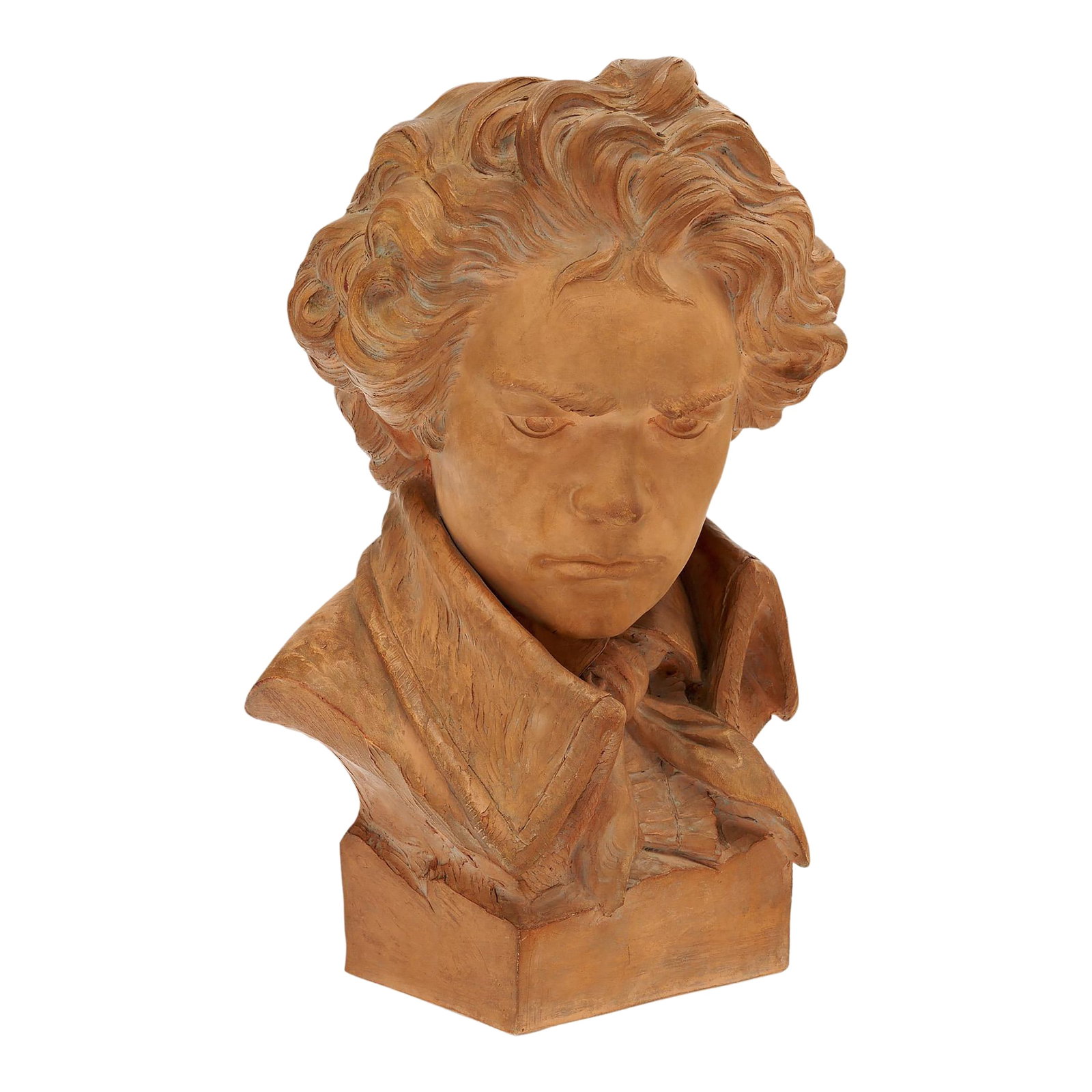 Antique Terracotta Bust of Beethoven: Antique bust from France made circa 1900. The sculpture is crafted in terracotta with a beautiful original patina. It showcases the bust of famed German composer, Beethoven including his famous