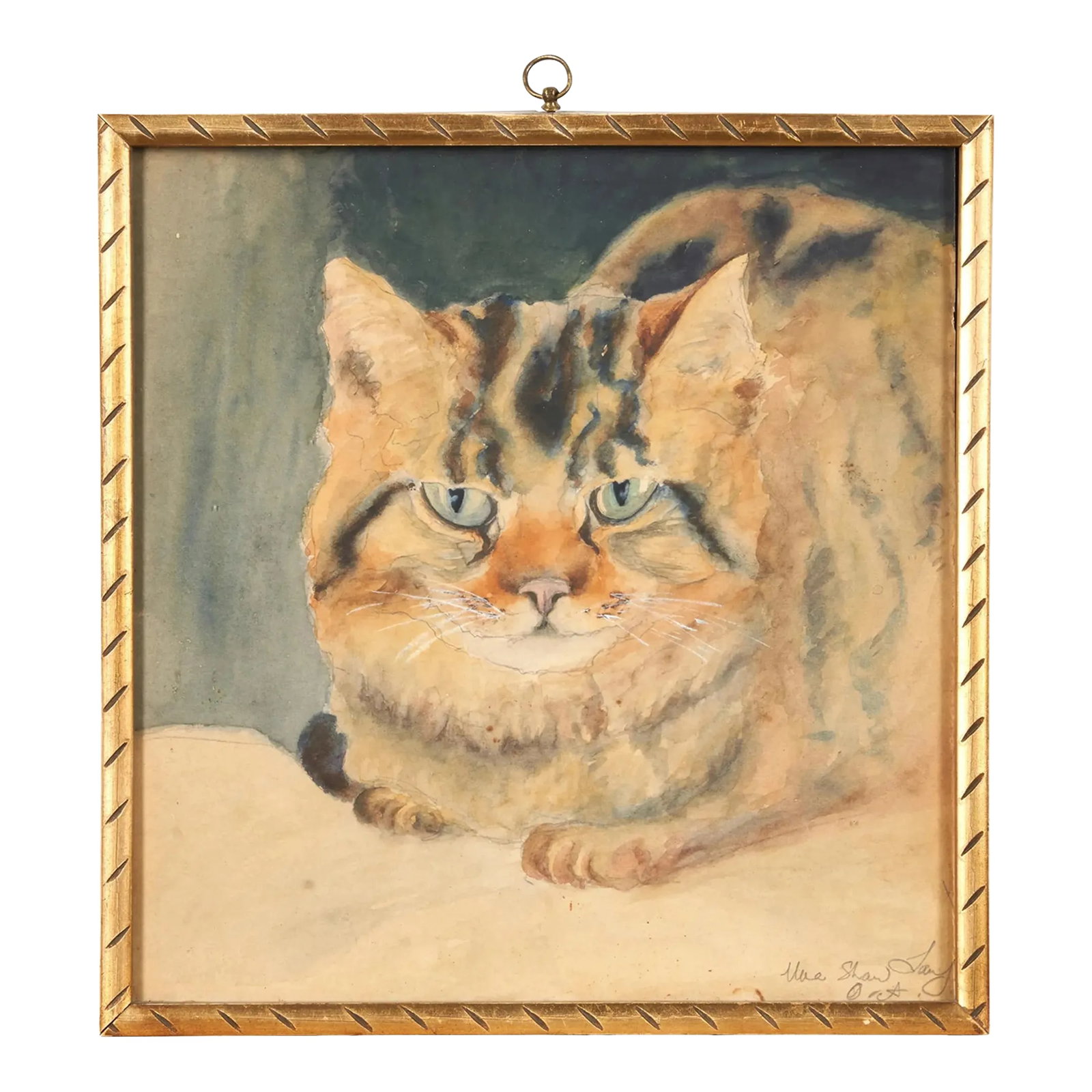 Una Shaw Lang (British 1889 - 1981) St Ives School Watercolor Painting Portrait of a Tabby Cat: Una Shaw Lang (British 1889 - 1981) St Ives School watercolor portrait of a tabby cat dating from 1920 - 1930. Measures 10 1/2" x 10" framed. Lang lived and worked in London and Cornwall. Presented in