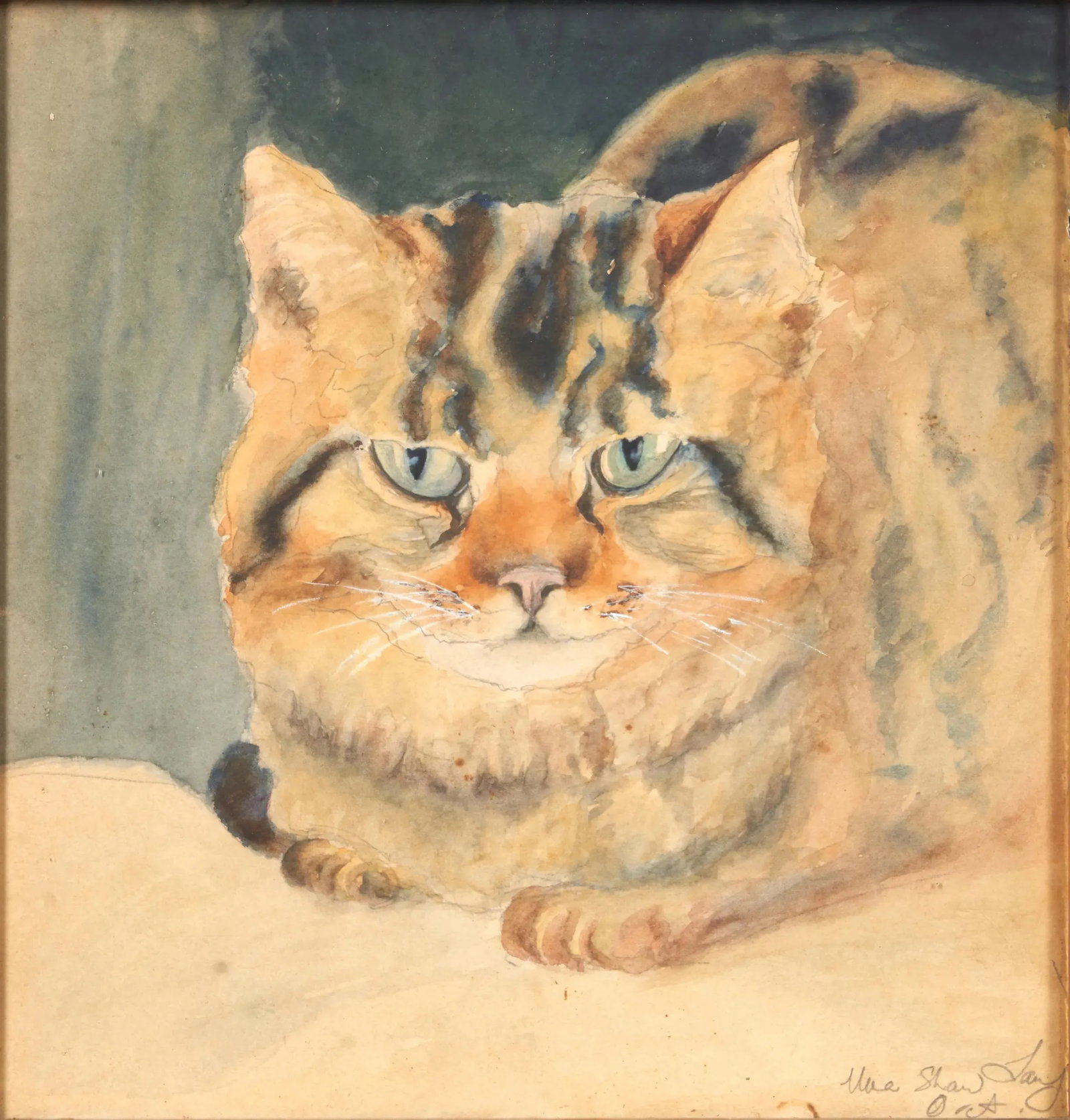 Una Shaw Lang (British 1889 - 1981) St Ives School Watercolor Painting Portrait of a Tabby Cat - 2