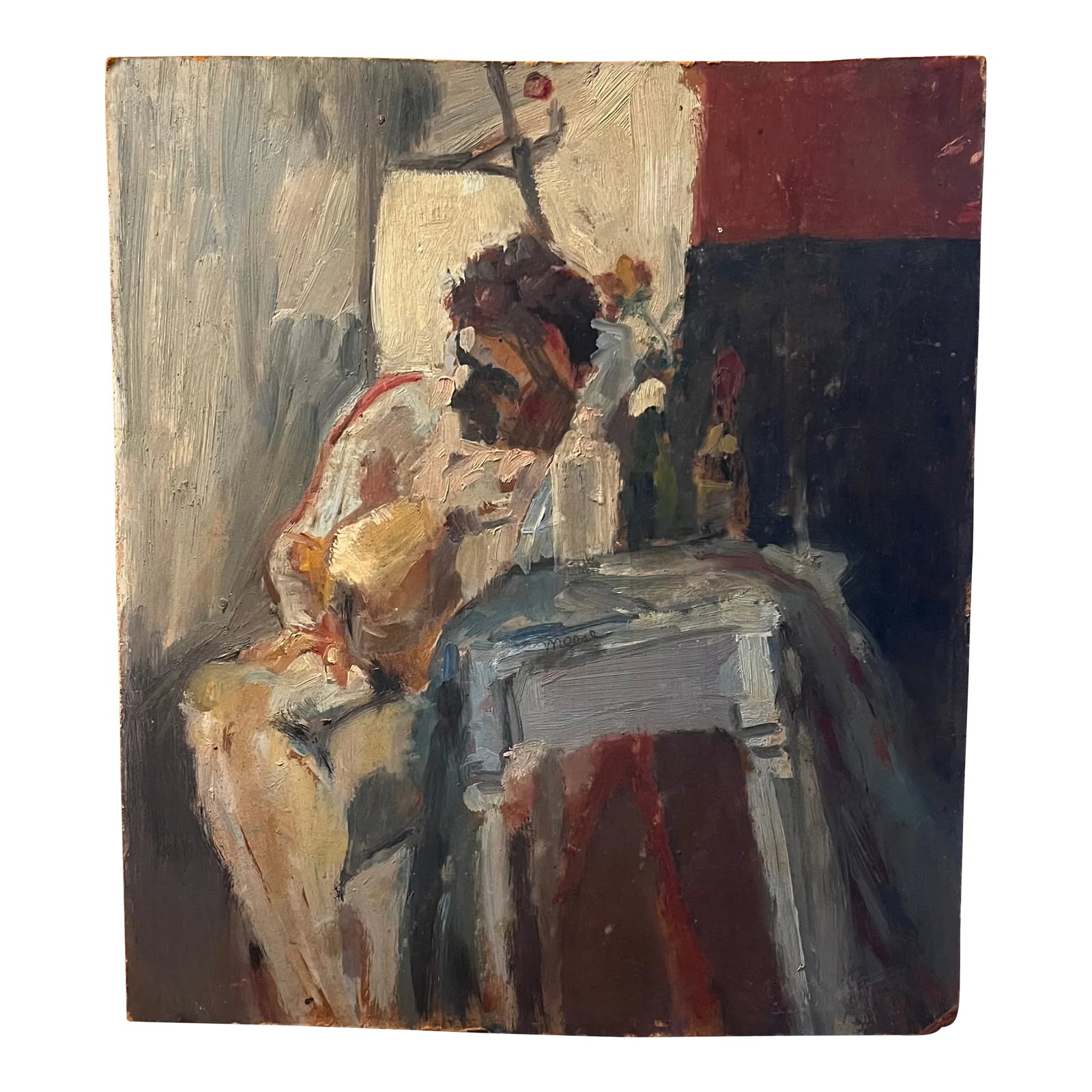 Mid-Century Modern Abstract Impressionist Oil Painting on Board - Portrait of a Seated Man: Mid-Century Modern abstract impressionist oil painting on board - portrait of a seated man seated at a table with a flower. Measures 11 7/8" x 10 1/2". Good condition - minor loss at lower right corne
