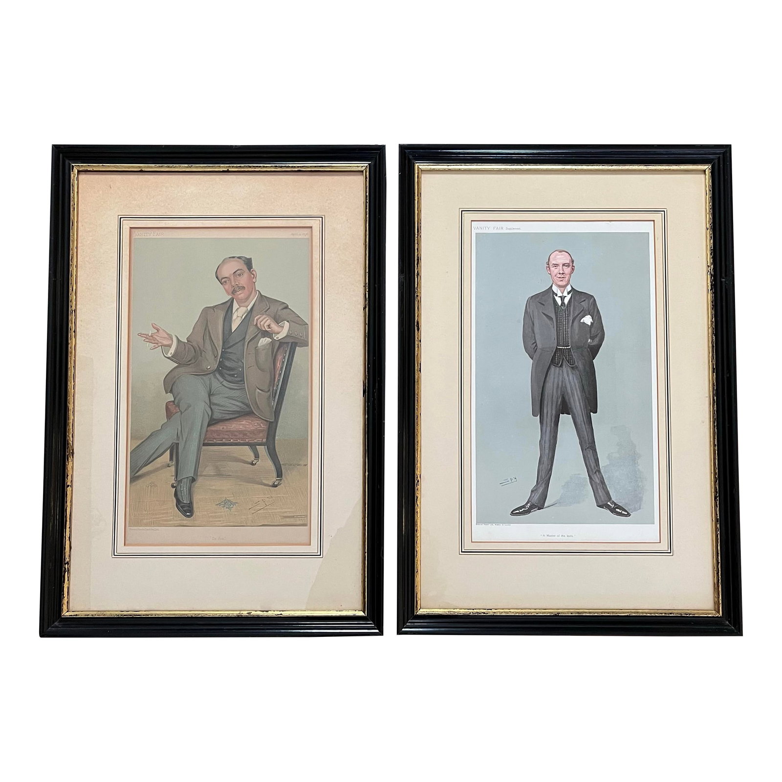 Late 19th Century British Society Magazine Vanity Fair Framed Chromolithograph Caricature Portraits: Set of 2 framed chromolithograph caricature portraits published by the British society weekly magazine Vanity Fair (1868-1914). Vanity Fair showcased satirical caricatures of notable figures of the ti