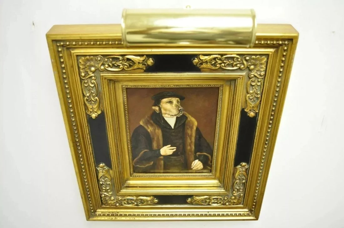 Late 20th Century Jg Clonney Oil on Board Framed Royal Dog Golden Lab Anthropomorphism Painting - 10