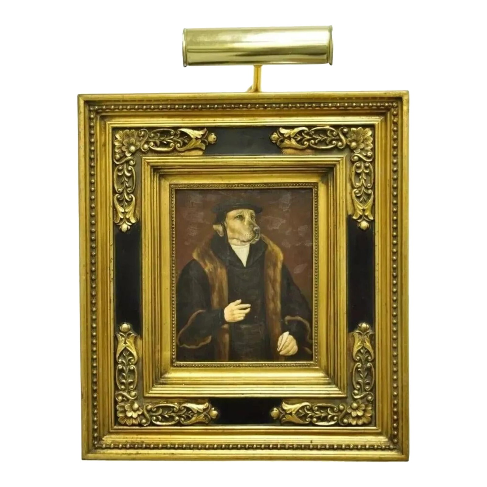 Late 20th Century Jg Clonney Oil on Board Framed Royal Dog Golden Lab Anthropomorphism Painting: JG Clonney Oil on Board Framed Royal Dog Golden Lab Anthropomorphism Painting. Item features oil paint on panel, gold finish, wood frame, signed on lower corner, brass mounted light, very nice item, r