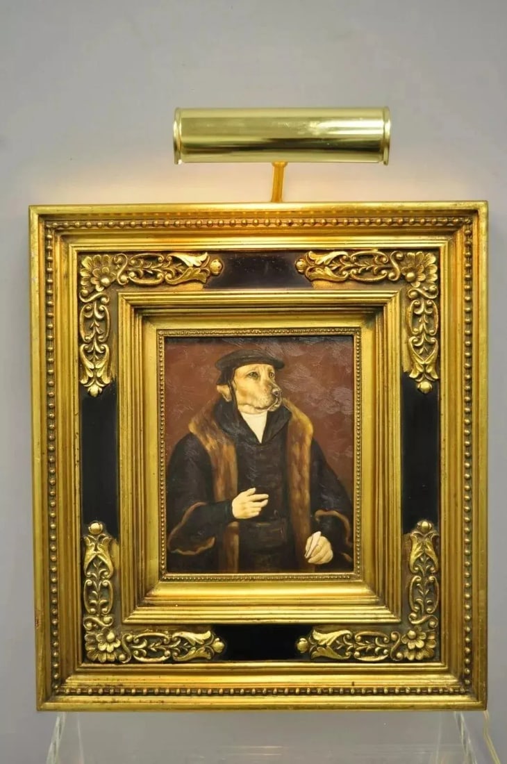 Late 20th Century Jg Clonney Oil on Board Framed Royal Dog Golden Lab Anthropomorphism Painting - 2