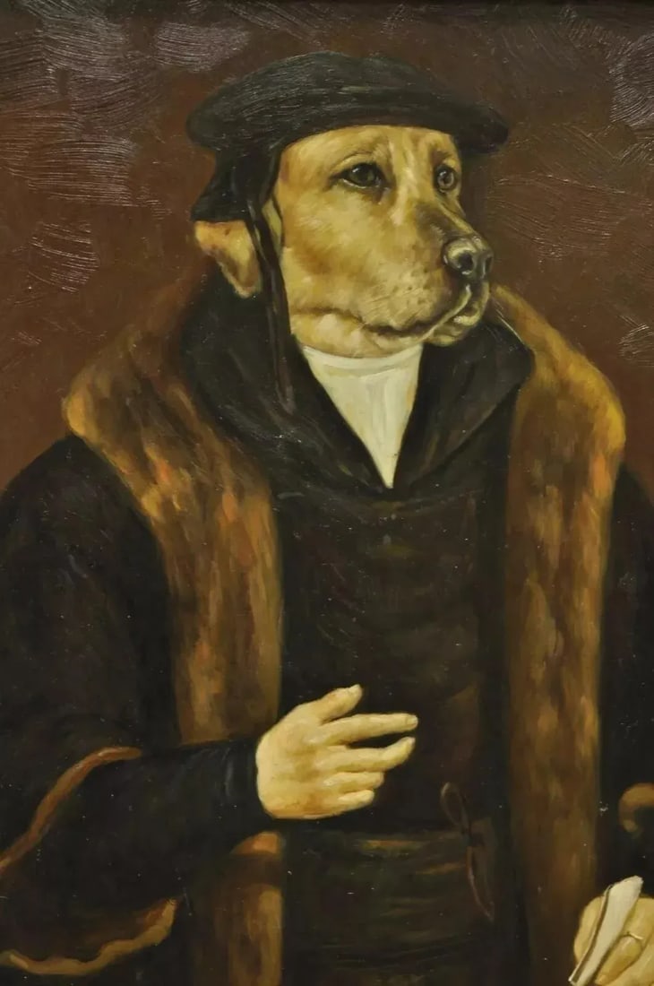 Late 20th Century Jg Clonney Oil on Board Framed Royal Dog Golden Lab Anthropomorphism Painting - 3