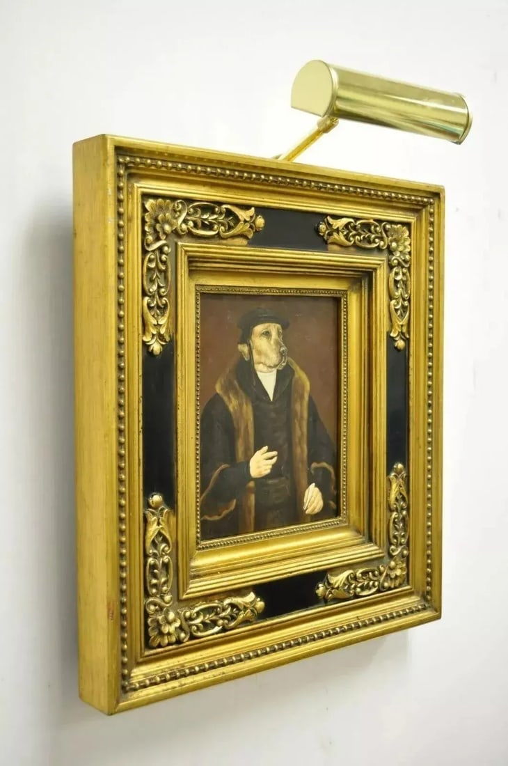 Late 20th Century Jg Clonney Oil on Board Framed Royal Dog Golden Lab Anthropomorphism Painting - 6