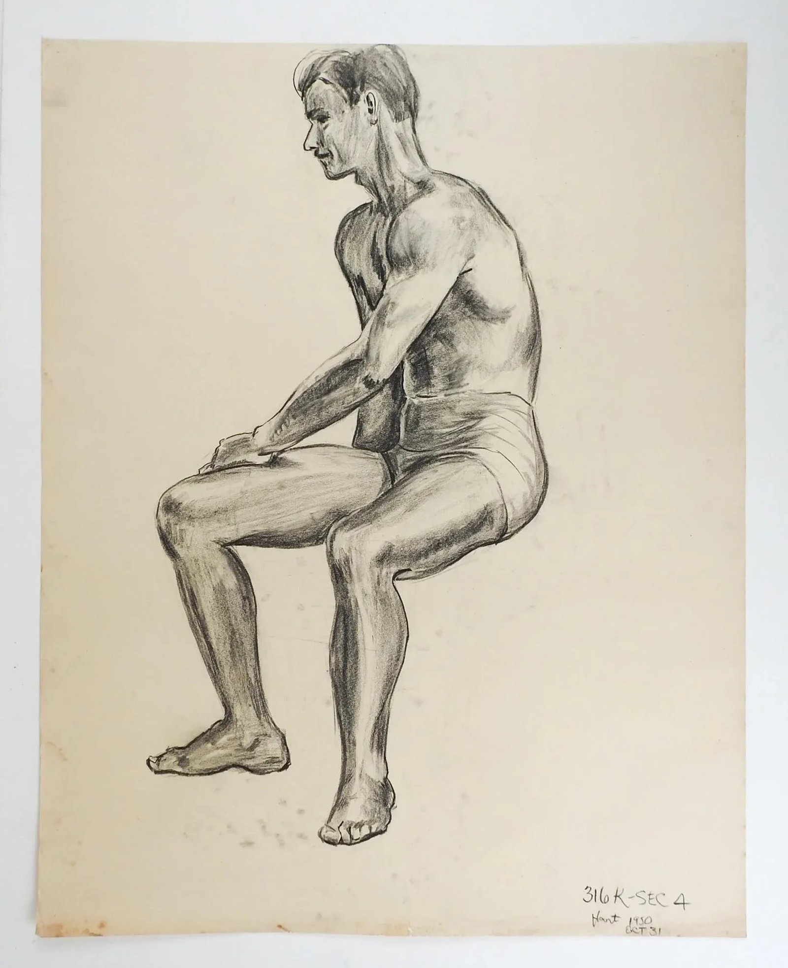 Vintage 1950 Charcoal Study Seated Male Figure Drawing - 2