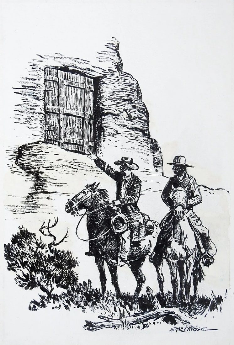 Late 20th Century Eugene Shortridge Cowboy Pen & Ink Western Drawing: Pen and ink on artist board of a pair of cowboys on horseback by Eugene Shortridge (1926-2014) well know western illustration artist. Signed lower right corner. Unframed, edge wear. Condition: Alterat