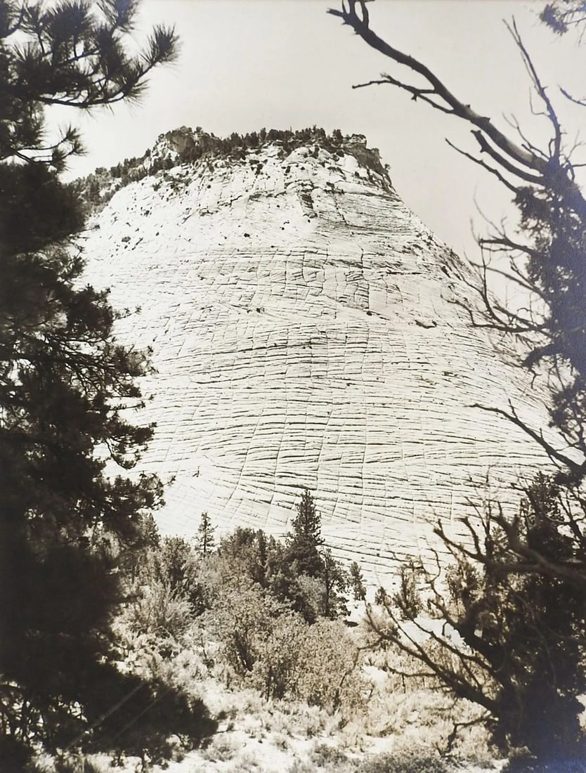 1950's Photograph Candy Mountain: 1950's silver albumen photograph by Lloyd M Pyeatt (Texas Photographer and 1Geologist) of Candy Mountain in Zion National Park. Camera club exibition stickers on verso. Unframed. Displayed mounted on 