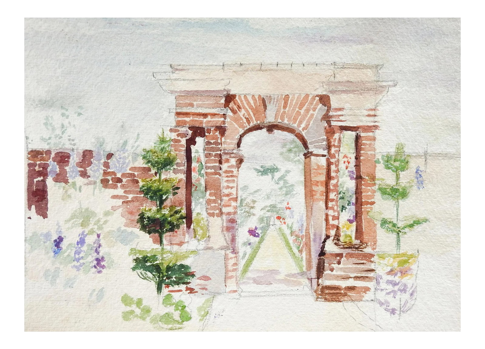 Mid 20th Century Garden & Arch Watercolor Painting (1 of 3)