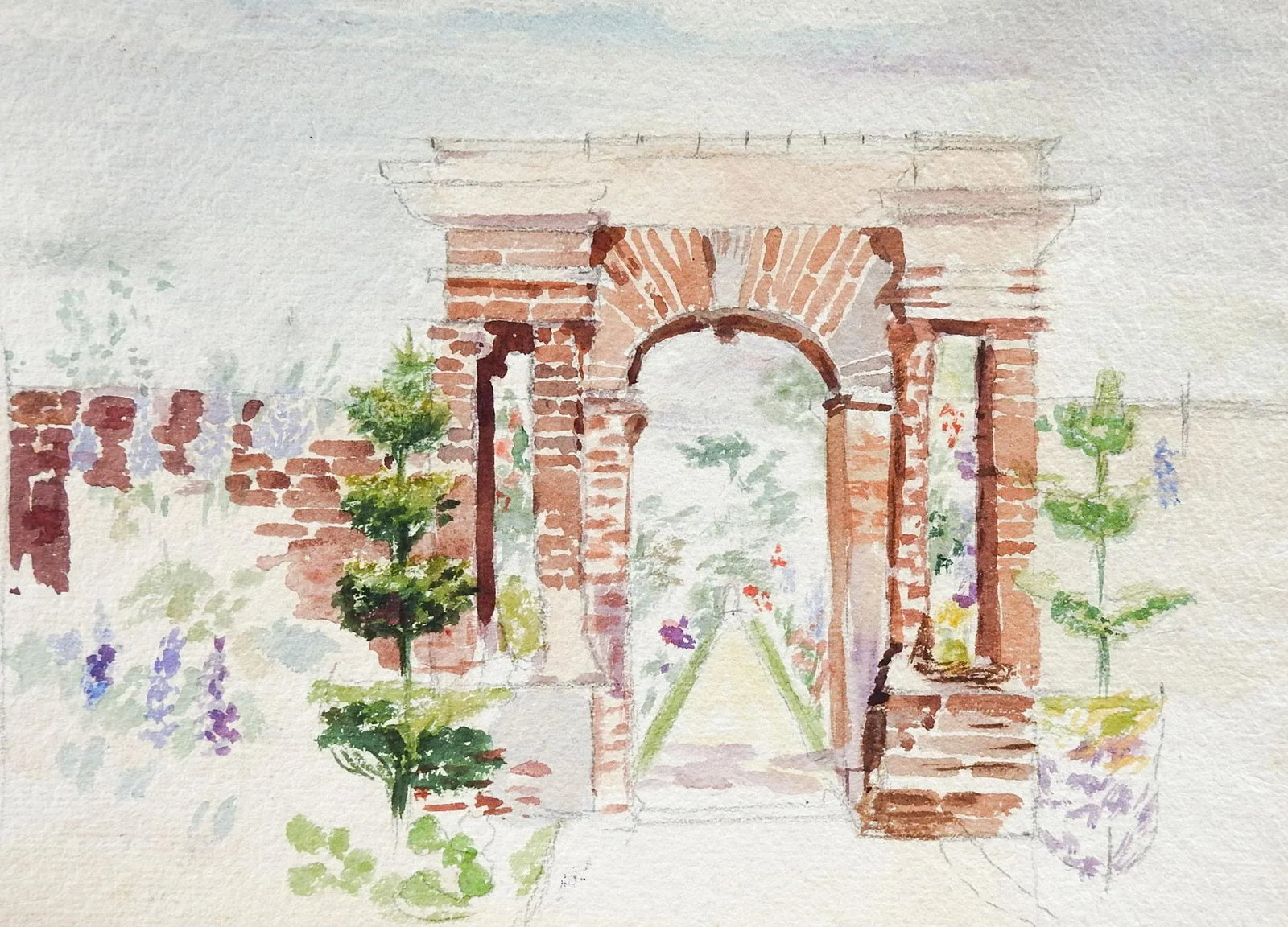 Mid 20th Century Garden & Arch Watercolor Painting - 3