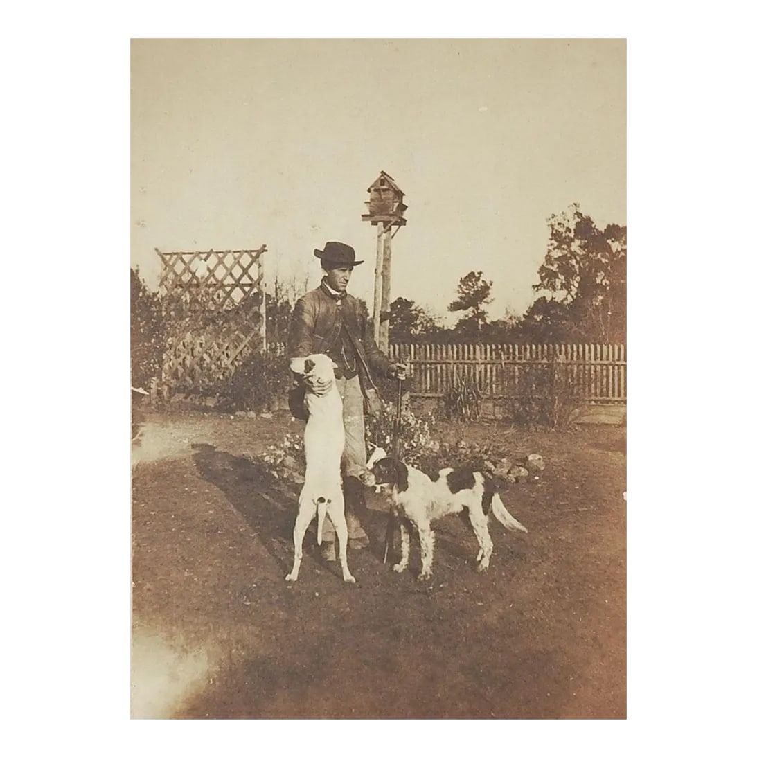 Vintage Antique Albumen Photograph Man Hunting Bird Dogs Dovecote: Vintage antique circa 1890 albumen photograph of handsome man with rifle and his 2 bird dogs named Two & Things. Standing in a garden with lattice and dovecote. Image size 3" x 4.25" mounted on