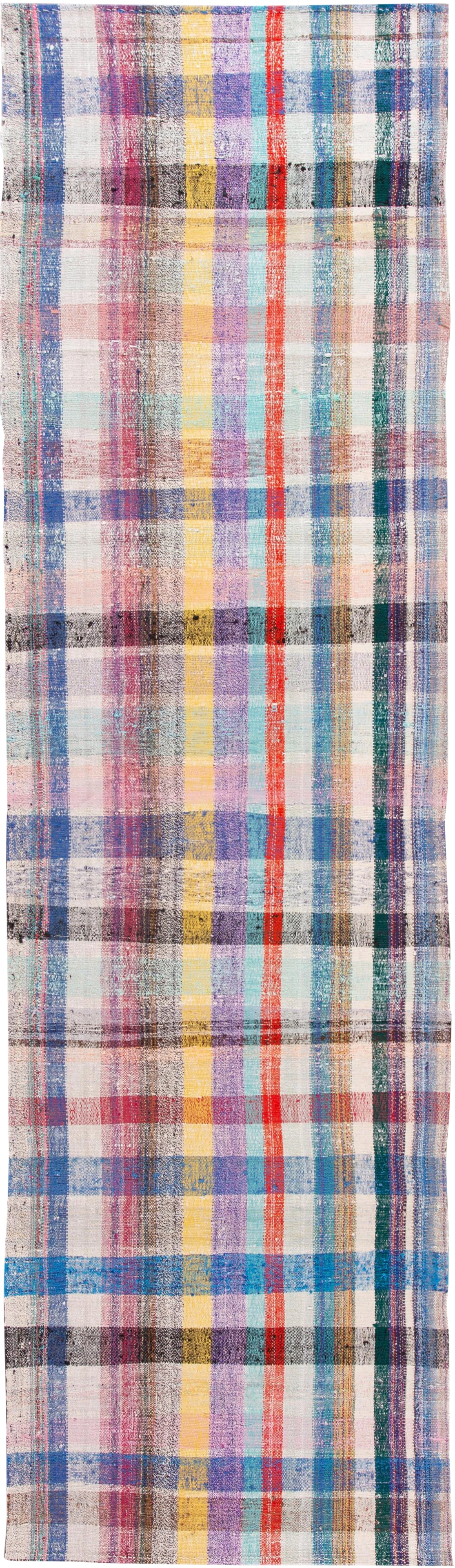 Vintage Flat-Weave Wool Runner 4 X 13: Beautiful Vintage flatweave runner with an all-over multi-color motif. This piece has fine details, great colors, and a beautiful checks design. It would be the perfect addition to your home. This rug