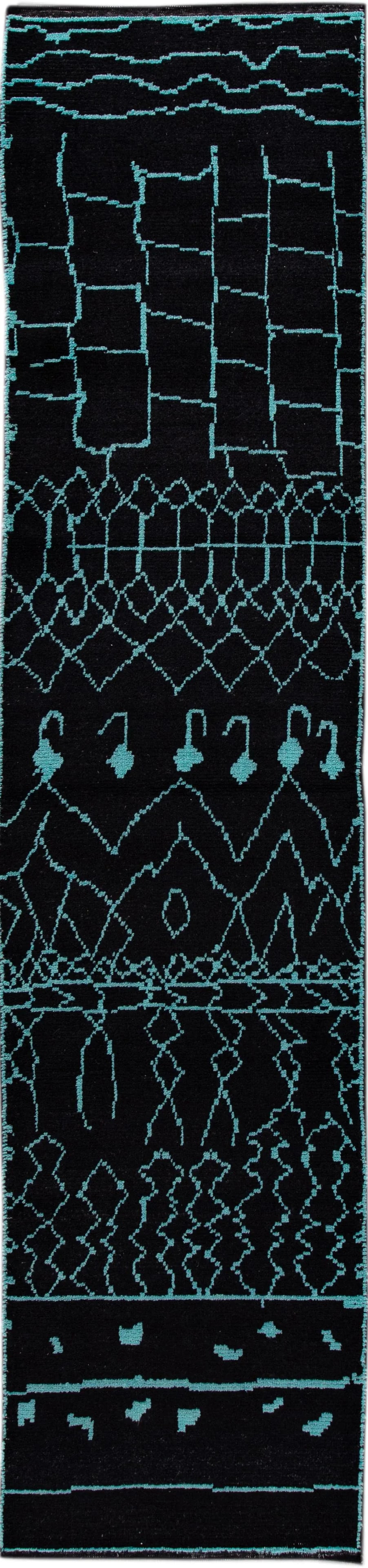 Black and Teal Modern Moroccan Style Wool Runner Rug 3 X 13 - 12