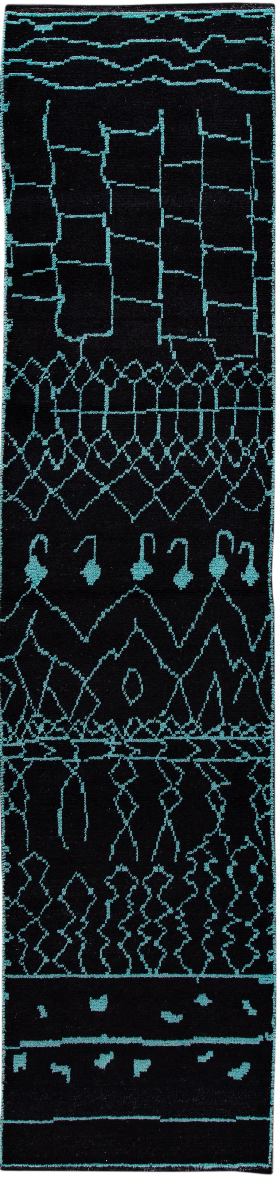 Black and Teal Modern Moroccan Style Wool Runner Rug 3 X 13: Beautiful contemporary Moroccan style runner rug, hand-knotted wool with a black field, teal accents in a gorgeous all-over tribal design. This rug measures: 2'11" x 13'4". Condition: Imperfections: N
