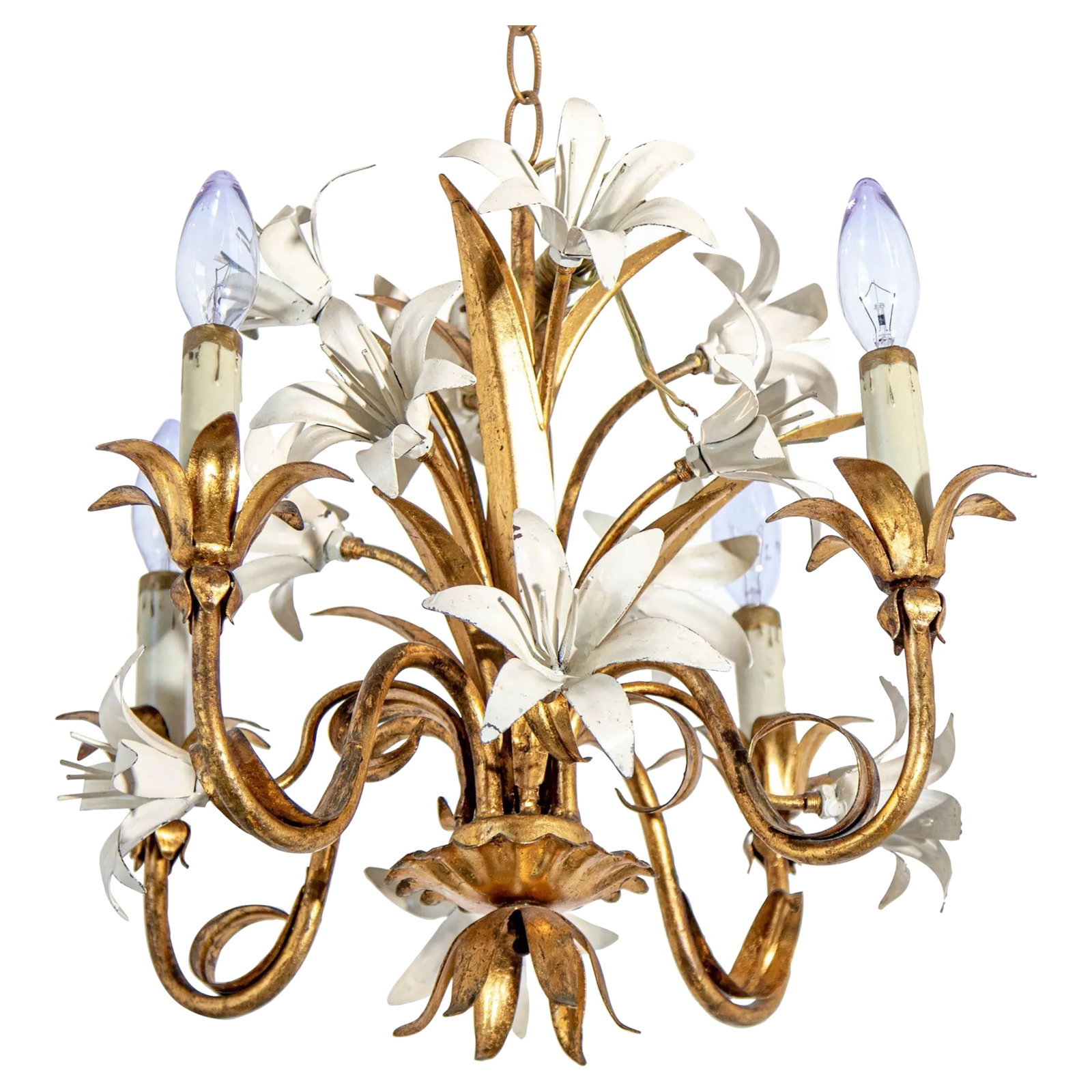 Hollywood Regency Gilt Metal Chandelier With White Lily Flowers (1 of 12)