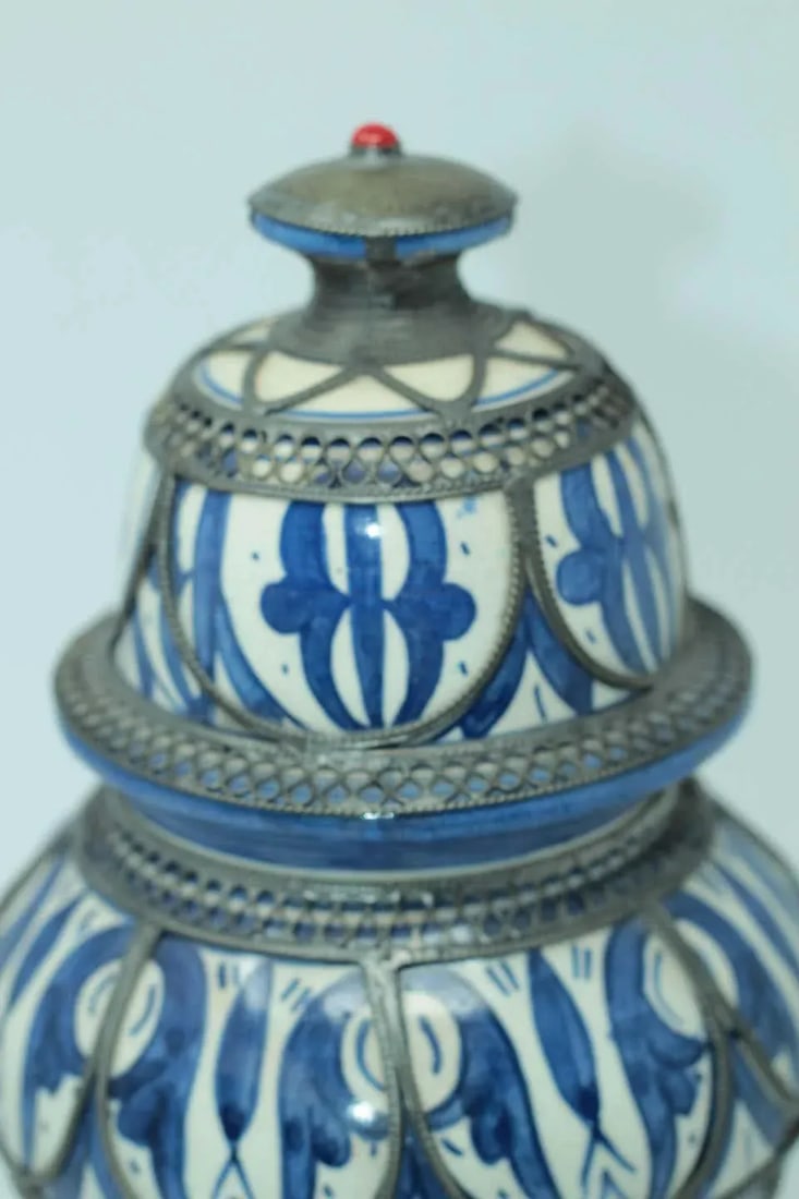 Moroccan Ceramic Vase from Fez Blue and White with Silver Filigree - 10
