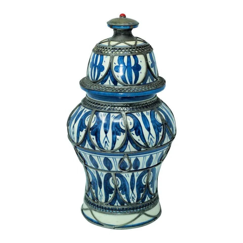 Moroccan Ceramic Vase from Fez Blue and White with Silver Filigree - 11