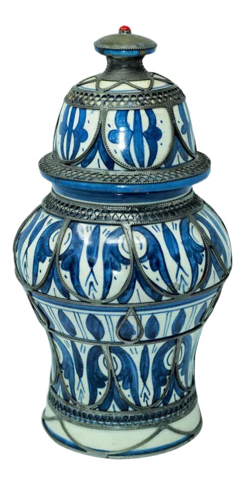 Moroccan Ceramic Vase from Fez Blue and White with Silver Filigree: Fabulous handcrafted Vintage Moroccan ceramic vase in Moorish style adorned with Fine filigree silver nickel work overlaid. The color of the ceramic is renowned as bleu de Fez. Blue and white ceramic